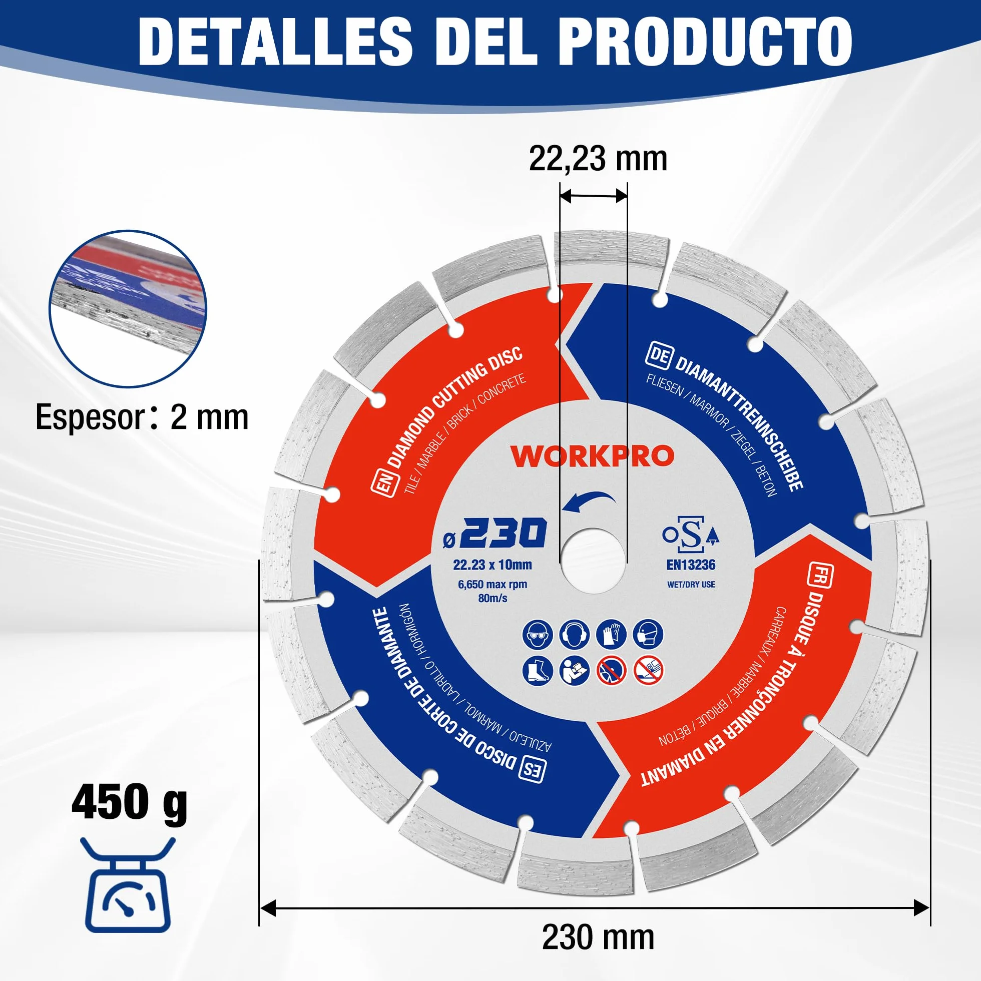 WORKPRO Disco de Diamante 230mm, 2 piezas Discos Diamantado, Sierra de Diamante para Corte en Seco y Húmedo para Hormigón, Ladrillo, Mármol, Alta Durabilidad, Máx. 6650 RPM