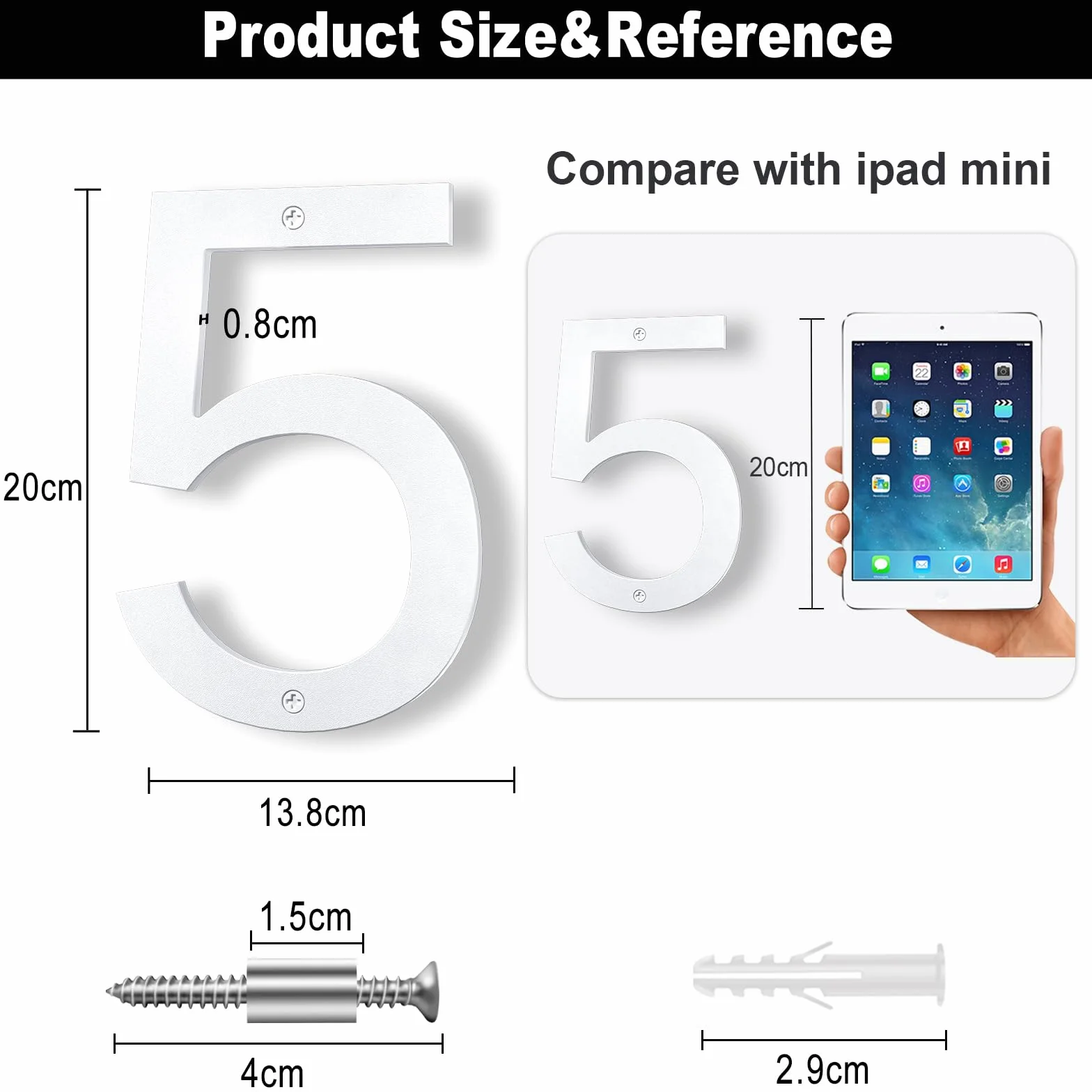 Número de casa exterior 20 cm blanco, Número grande para pared o valla con diseño moderno y efecto flotante 3D, plástico ABS resistente al clima (5)
