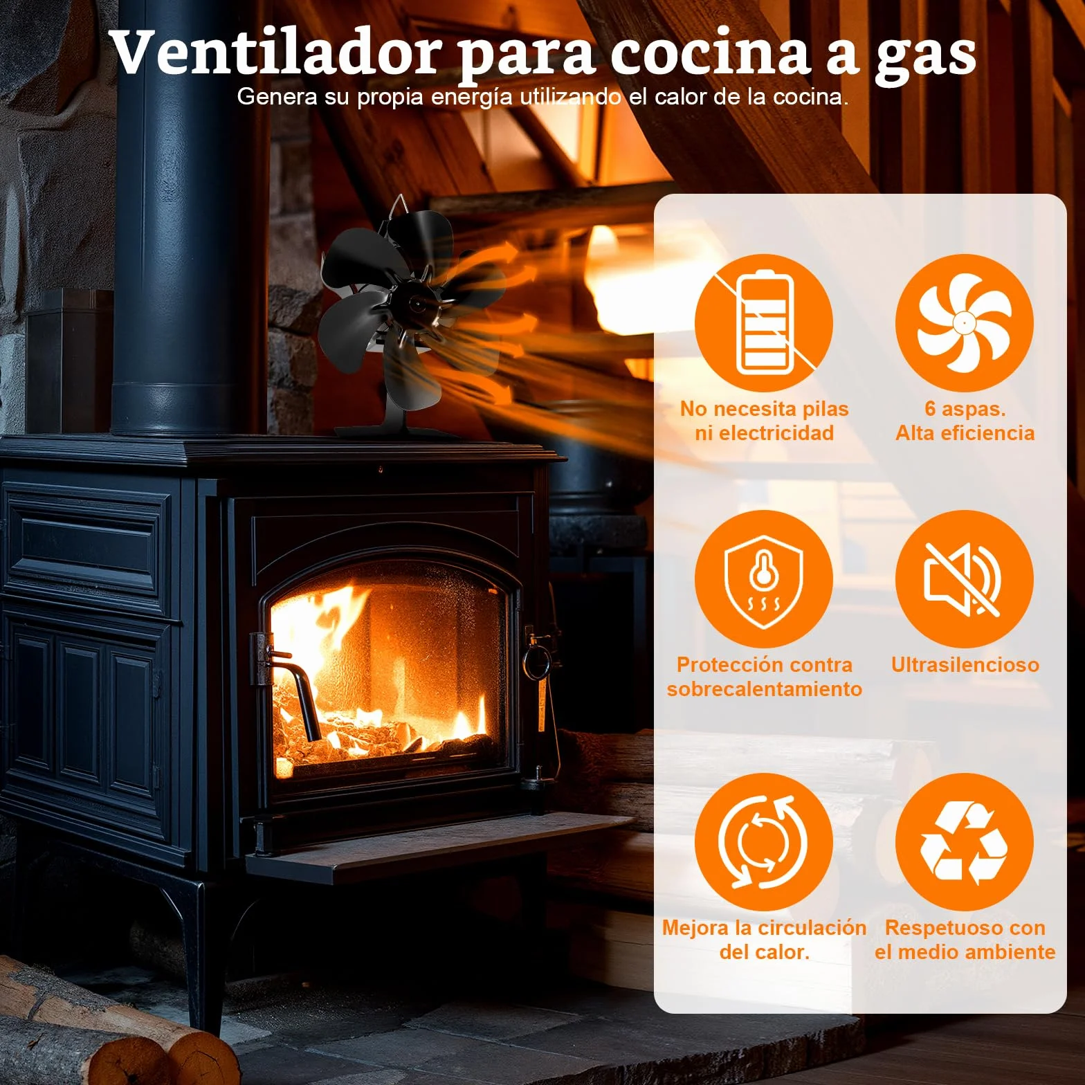 Ventiladores de estufa para chimeneas，Ventiladores de chimenea, 6 piezas, Ventiladores de chimenea de 6 piezas, Ventiladores de estufa de leña/chimenea/chimenea (Estándar)