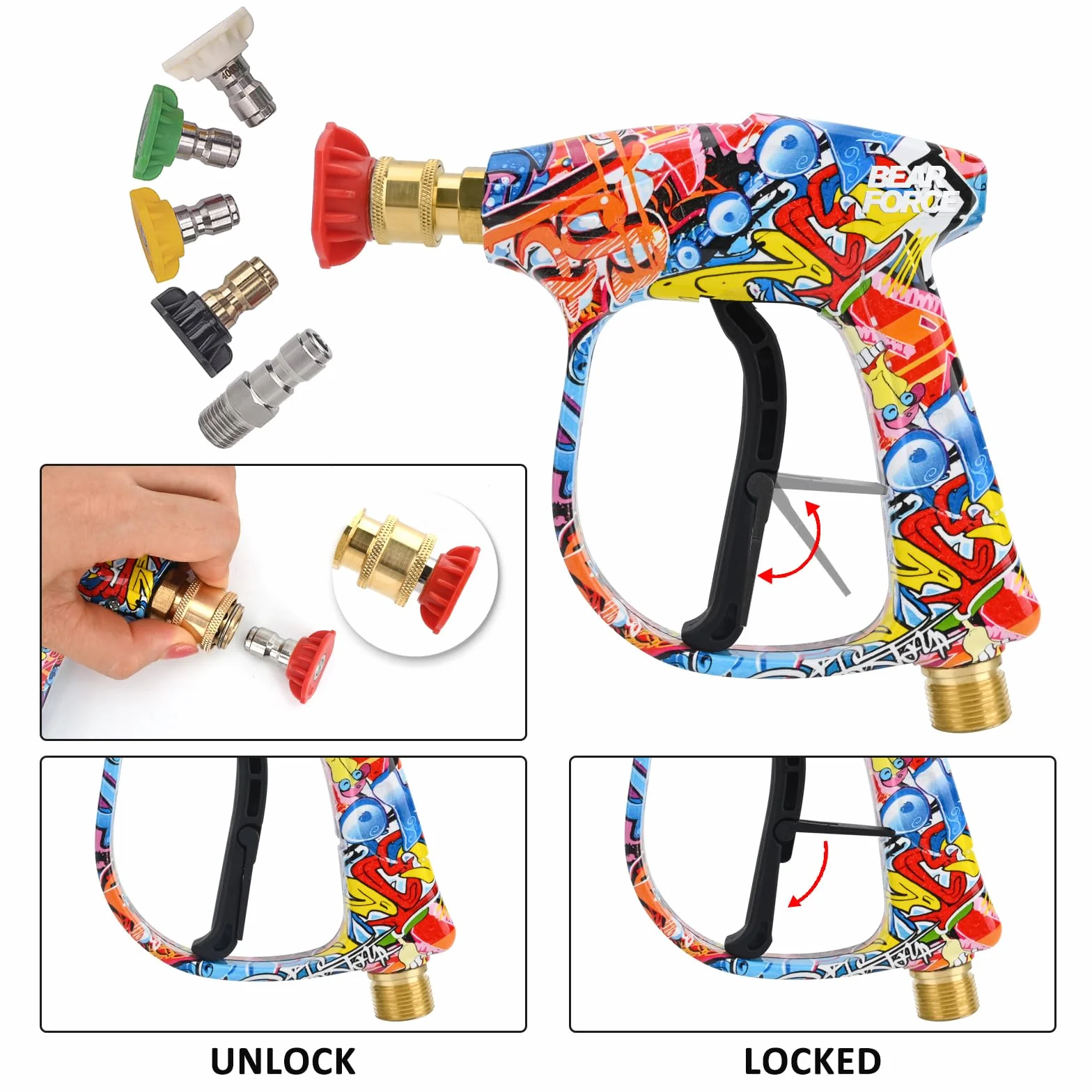 BEAR FORCE Pistola de pulverización para lavadora a presión, pistola corta con entrada M22 de 14 mm y pistola de espuma de cañón de espuma con 5 boquillas #035 y conector rápido de 3/8 pulgadas