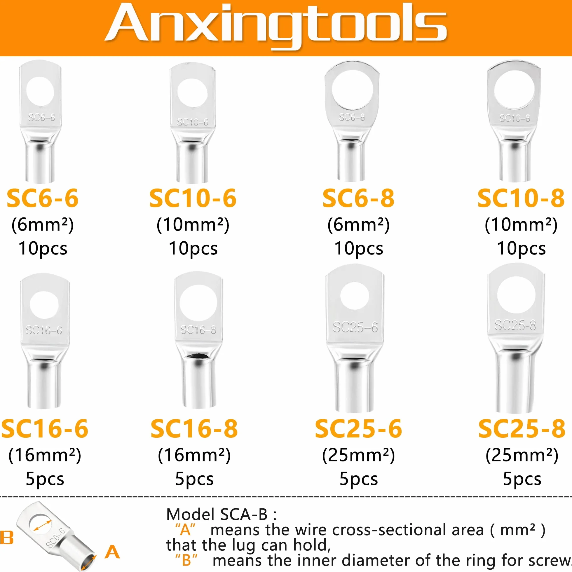 Herramienta de crimpado de cable de batería para terminales de anillo de cobre de batería de 6/10/16/25/35/50 mm², crimpadora resistente para terminales de cable (HX50B crimper+terminals)