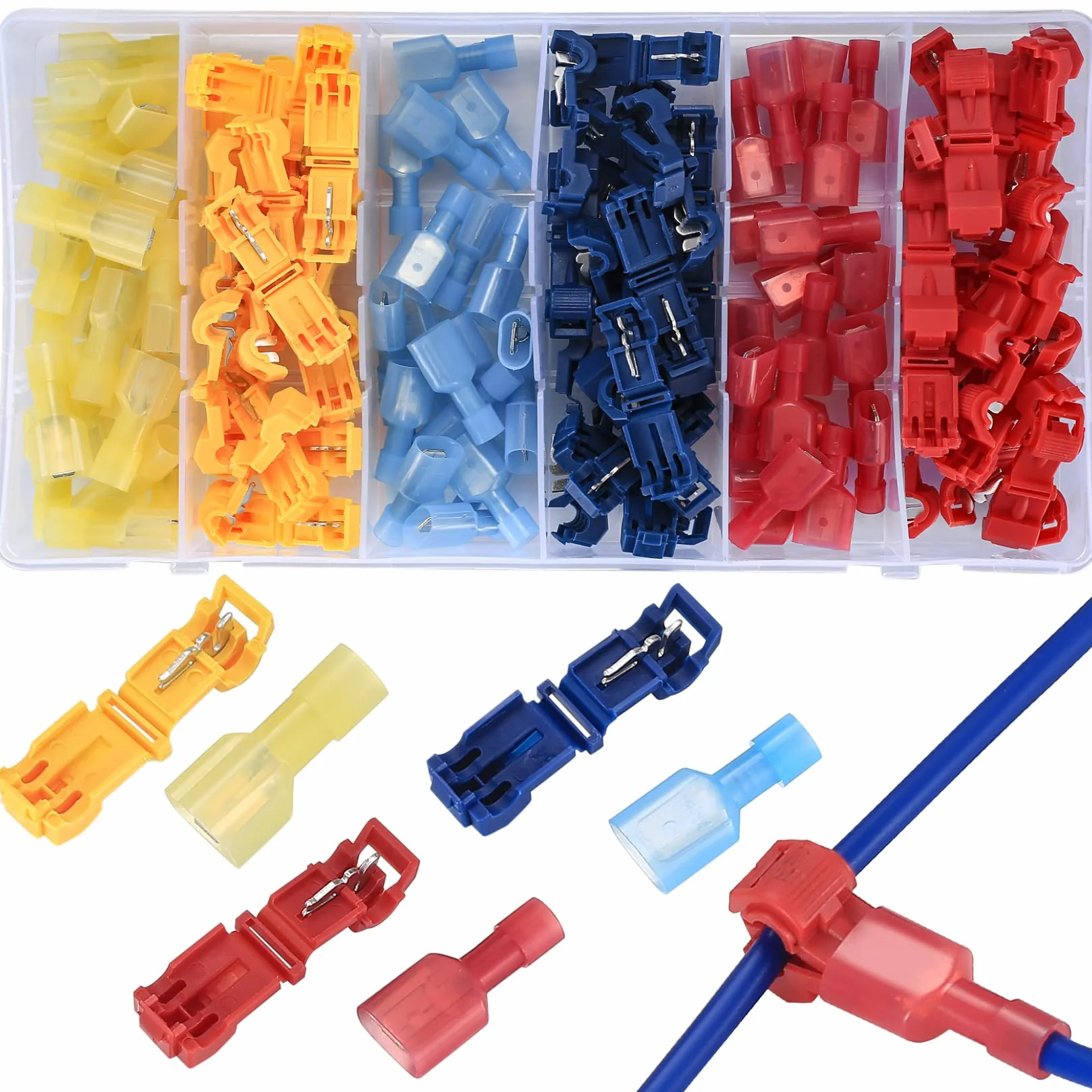 Vwoqiy 120 Piezas Conectores de Empalme Rápido de Cables Eléctricos(60 T-Tap Cable Conectores, 60 Plano Cables Terminal), Empalme Conector Eléctricos Rápido Kit - 0,5-4mm² (tricolor 120)