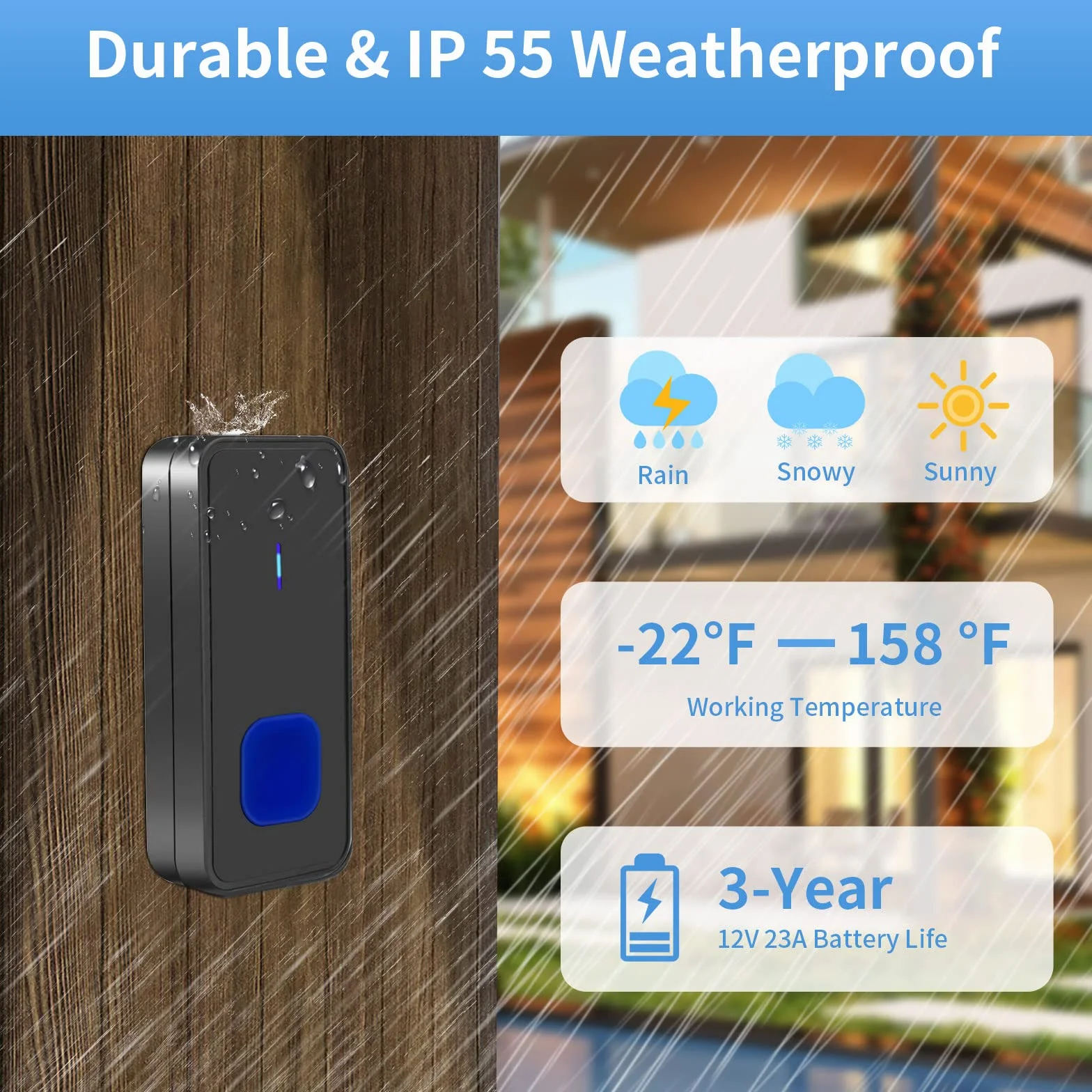 Timbre Inalámbrico Exterior Impermeable，Alcance 1000FT Impermeable IP55 Kit de Timbre Inalambrico, 55 Melodías en 5 Niveles de Volumen, Indicador LED para el Hogar Oficina Hotel de Emergencia, Negro