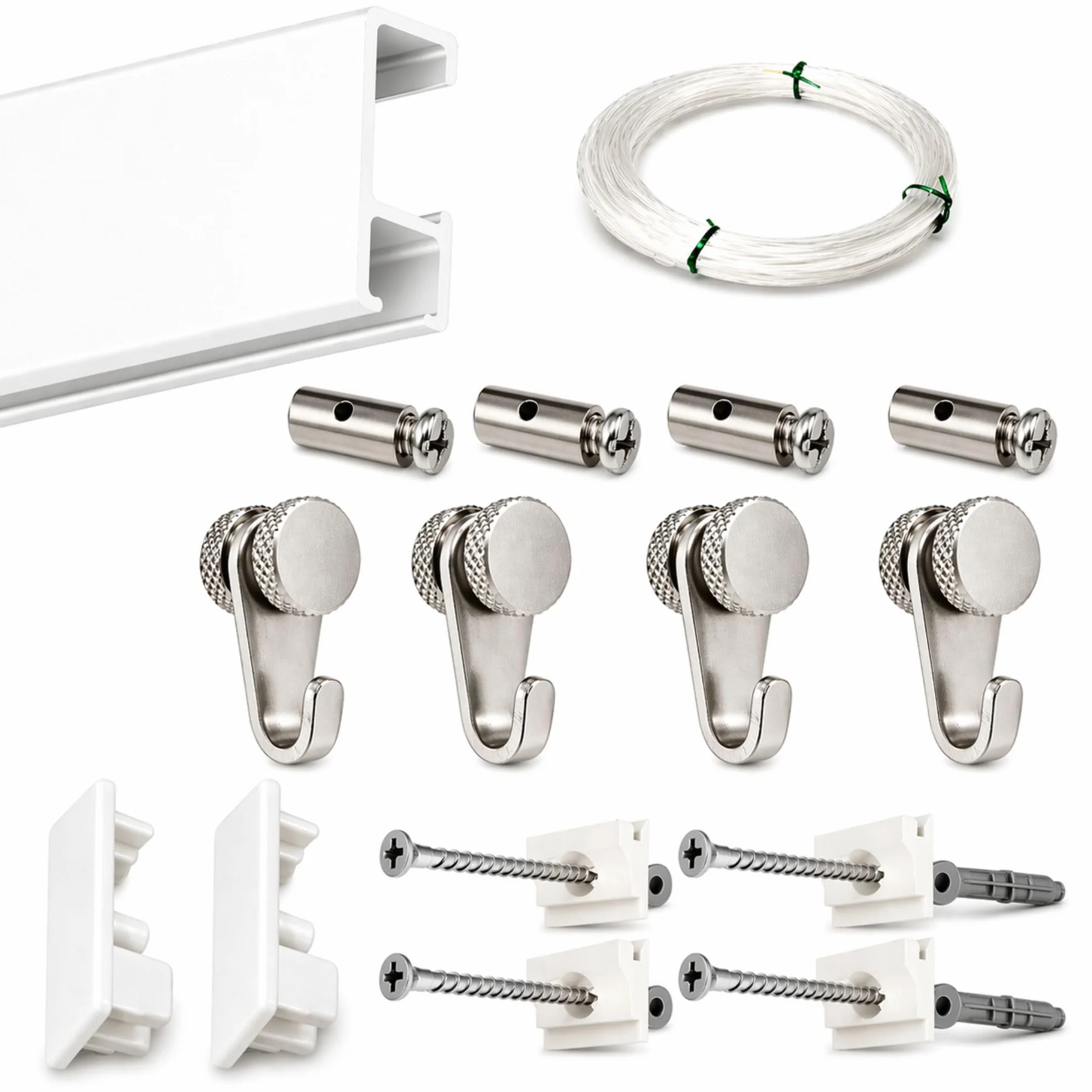 Pack Basic RM para Colgar Cuadros | Barra Guía de 150 cm de Aluminio Blanco | 4 Ganchos Nylon hasta 15 kg | Soporta 35 kg/ml | Incluye Tacos y Tornillos