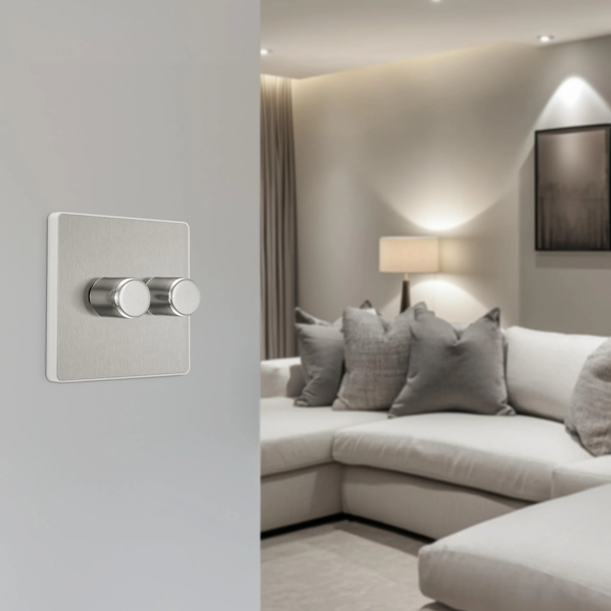 BG Electrical Interruptor de atenuación inteligente de doble pared, 2 vías, placa frontal sin tornillos, Evolve, acero cepillado, 200 W, PCDBS82W