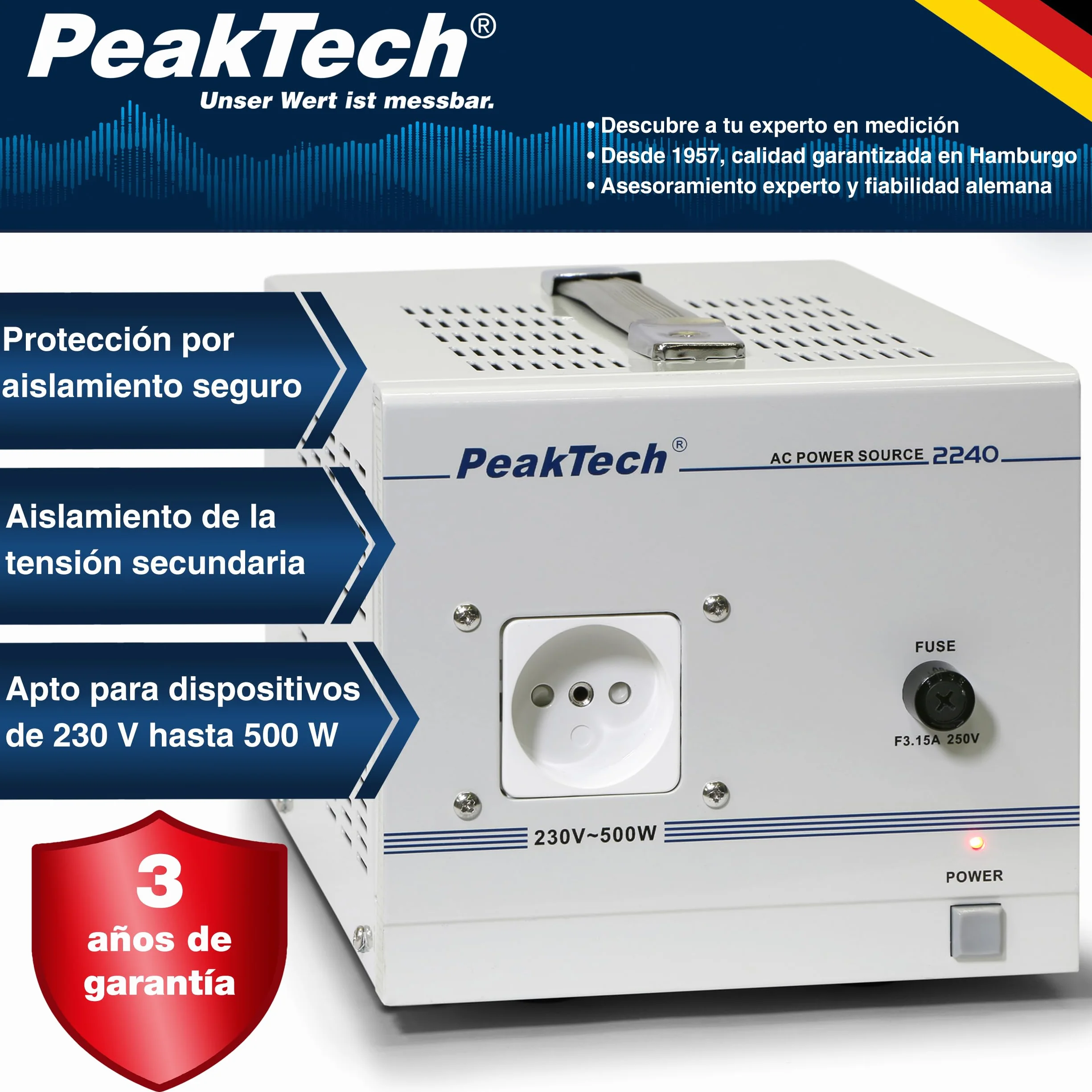 PeakTech 2240 - Transformador de Aislamiento, Dispositivo de Medición, Toroidal, Galvánico, Clase de Protección 1, Uso Móvil, Voltaje de Entrada 230 V, Potencia de Salida 500 W - 160 x 125 x 235 mm