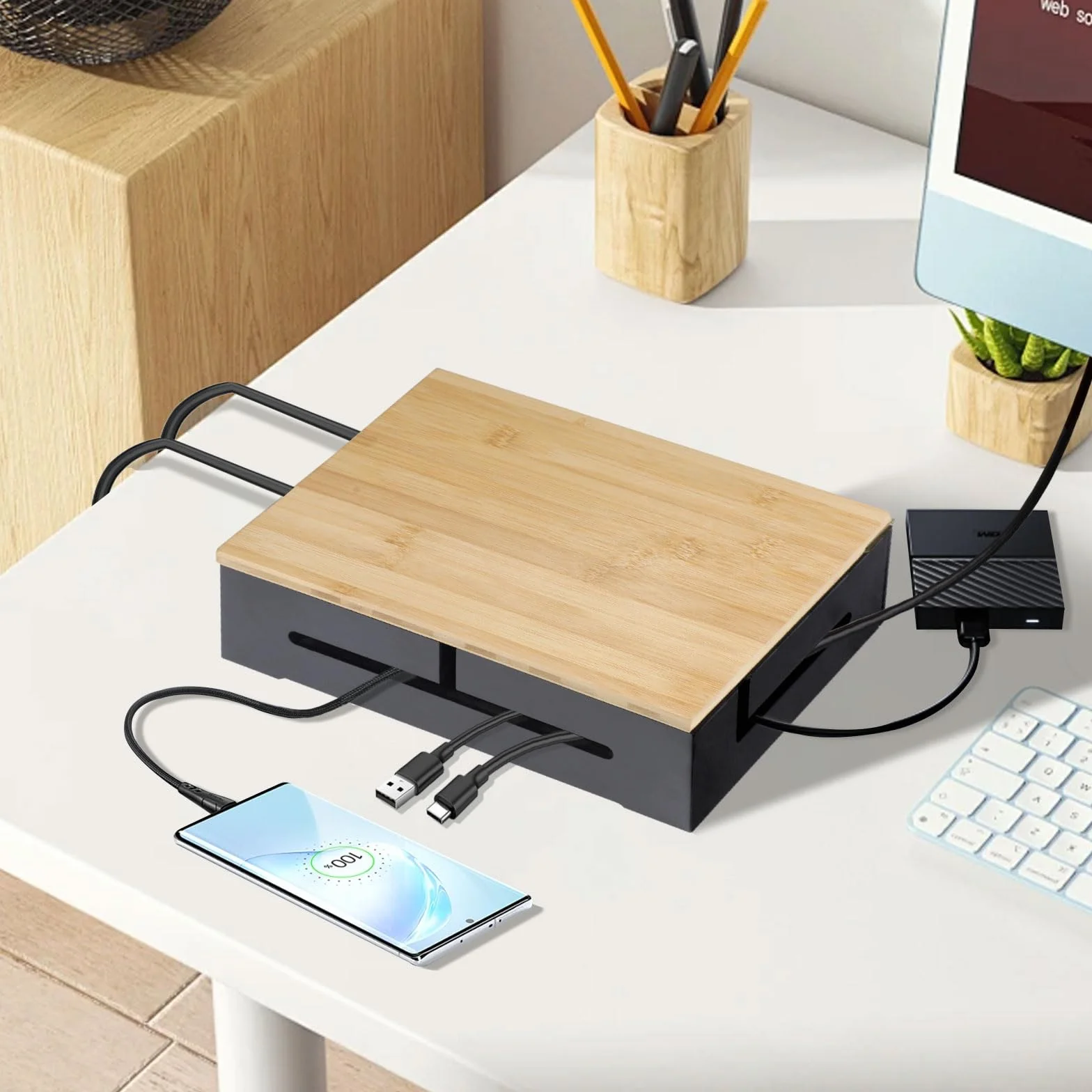 DBREAKS Caja de gestión de cables y organizadora de cables con tapa magnética de bambú y bridas, caja para montaje en la pared