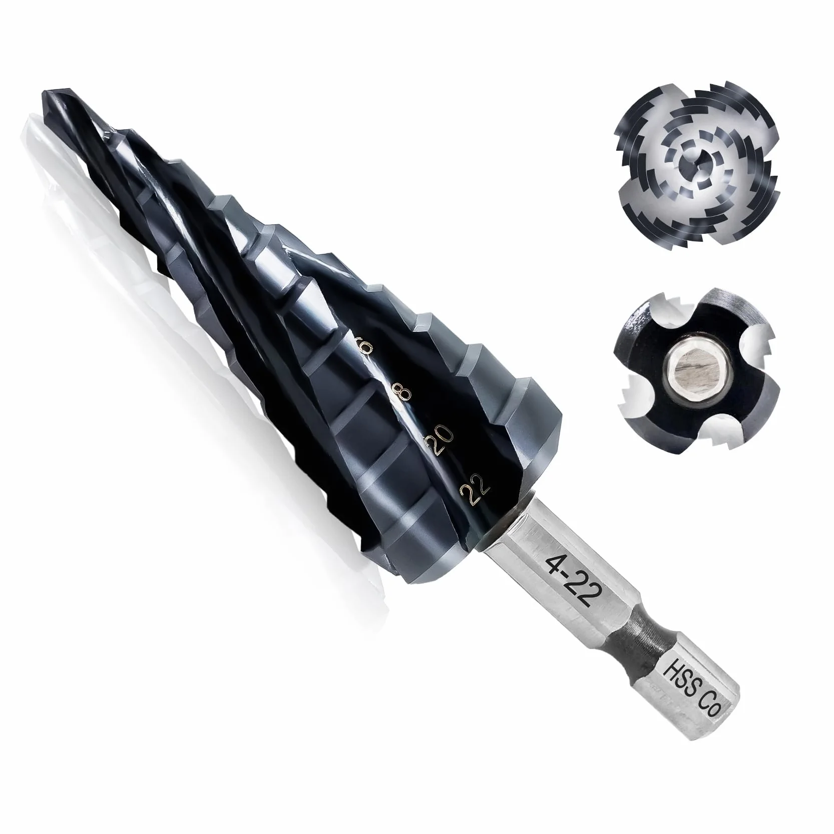 Broca Escalonada M35 Co HSS con Recubrimiento AlTiN (4-22mm), Broca Cónica de Alta Dureza para Acero Inoxidable y Metales Duros, Vástago Hexagonal de Cambio Rápido, 10 Pasos para Bricolaje