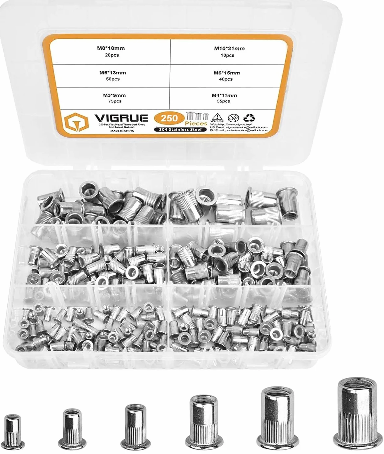 VIGRUE Surtido de 250 tuercas de remache M3, M4, M5, M6, M8, M10, tuercas de remache A2-70, acero inoxidable, herramienta de cabeza plana, rosca para remaches