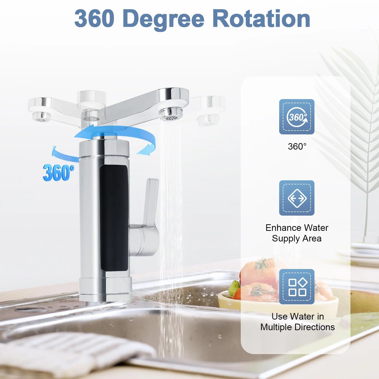 Grifo con calentador de agua instantáneo, 3000 W IPX4 Calentador eléctrico Grifo con indicador de temperatura LED legible, 360° giratorio Grifo calentador instantáneo para cocina, baño (plateado)