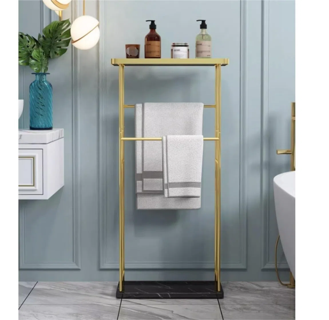 Toallero De Pie Toallero De Hierro 2 Niveles con Base Mármol Y Encimera Vidrio, Independiente, Soporte Nórdico para Toallas para Baño Baño Organizador