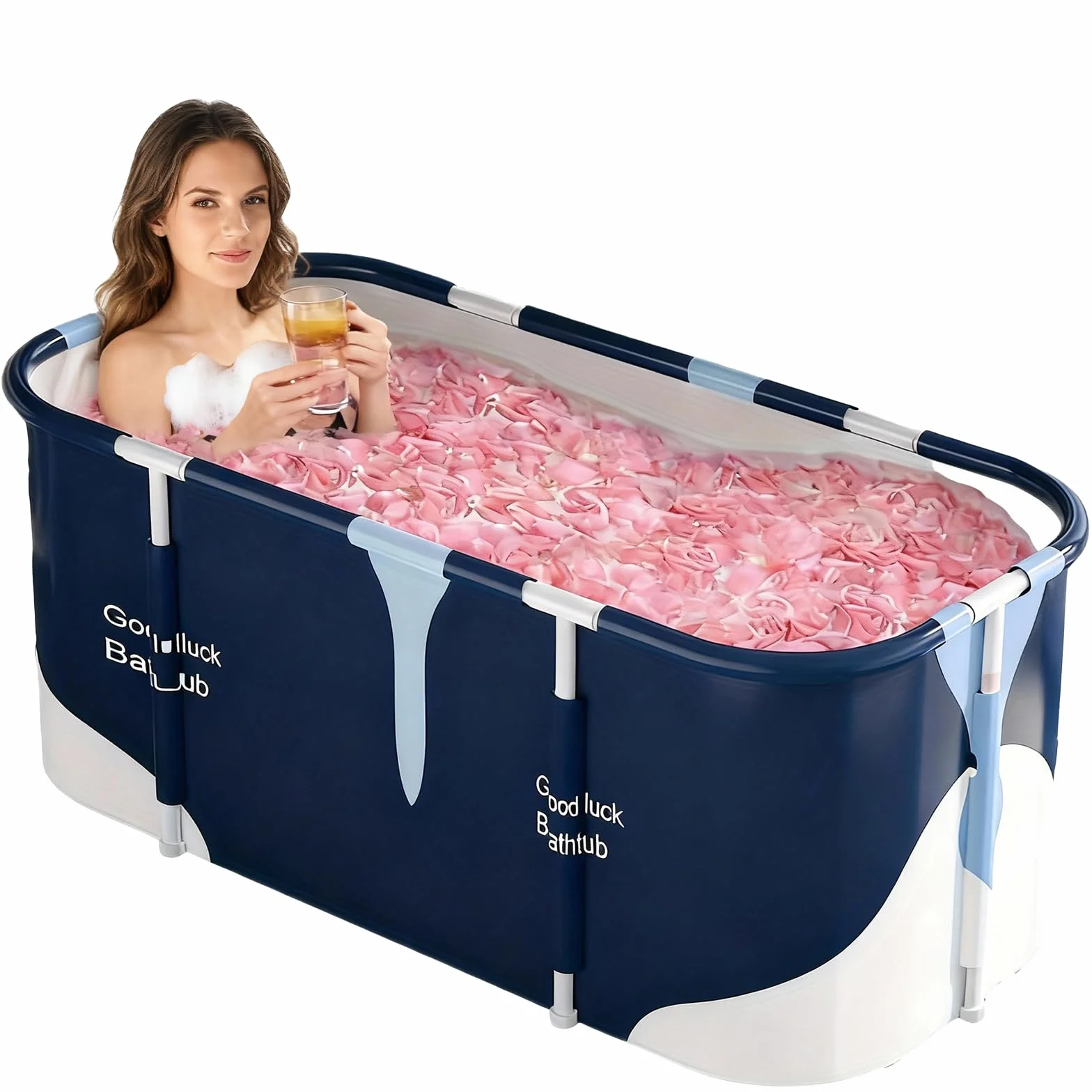 Bañera plegable para adultos, 140 x 60 x 50 cm, baño de spa móvil con aislamiento de 6 capas, bandeja de ducha plegable para spa en casa, jardín y apartamento pequeño, azul y blanco