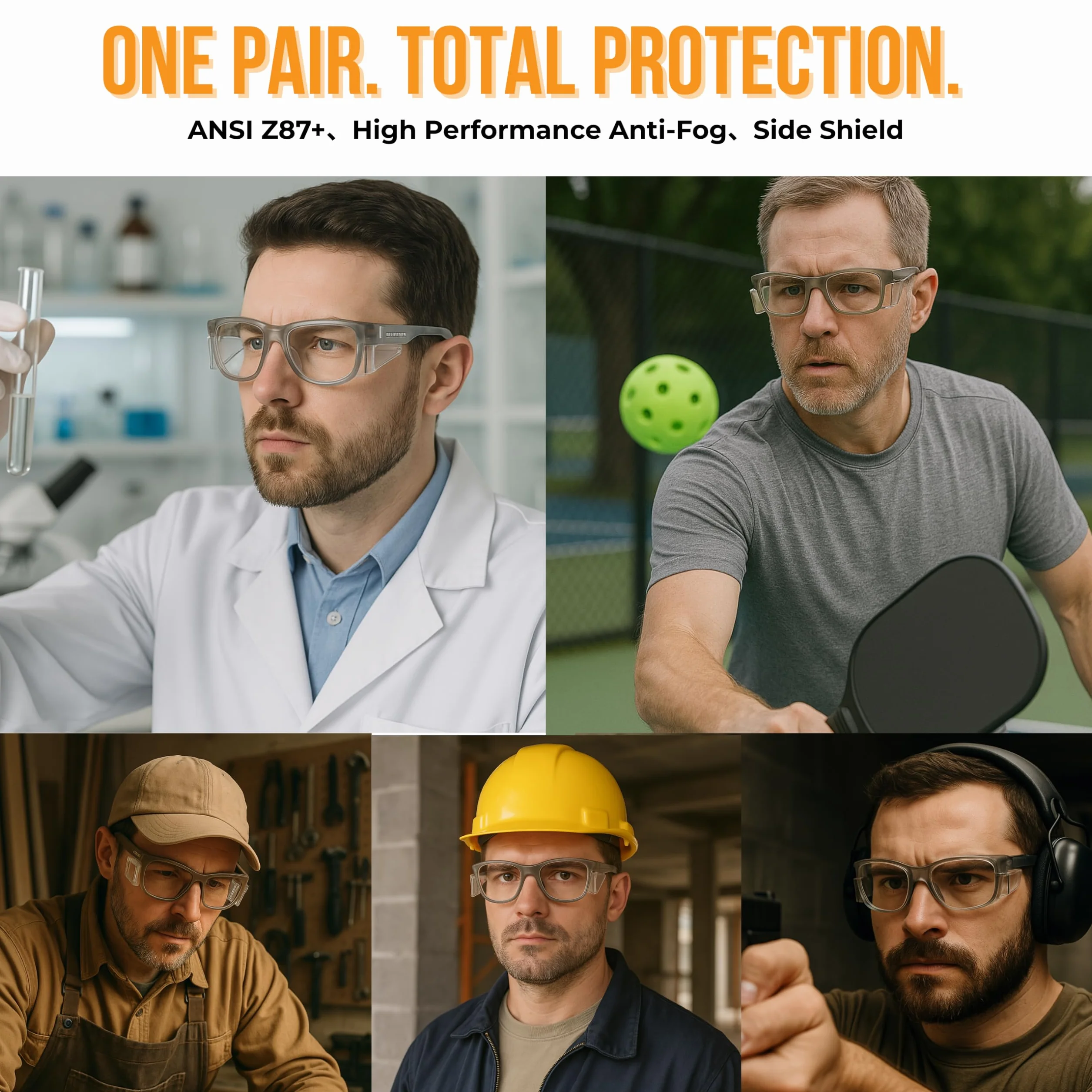 Koziface E52G - Gafas de seguridad para hombres y mujeres, elegantes gafas protectoras de trabajo con luz negra, antivaho con protectores laterales, lentes transparentes, agarre antideslizante