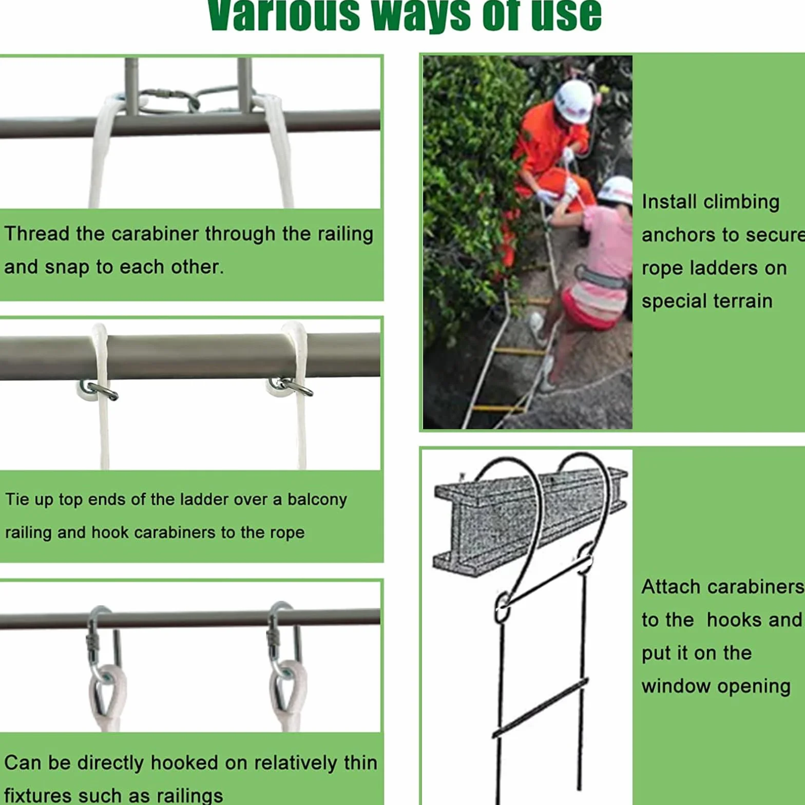 Escalera de Cuerda de Escape de Incendio 5.2m, Escalera de Escape de Emergencia con Mosquetón para 2 Pisos Casa, Casa del Árboles, Balcón y Barandilla, Capacidad de Peso de hasta 900kg Poweka