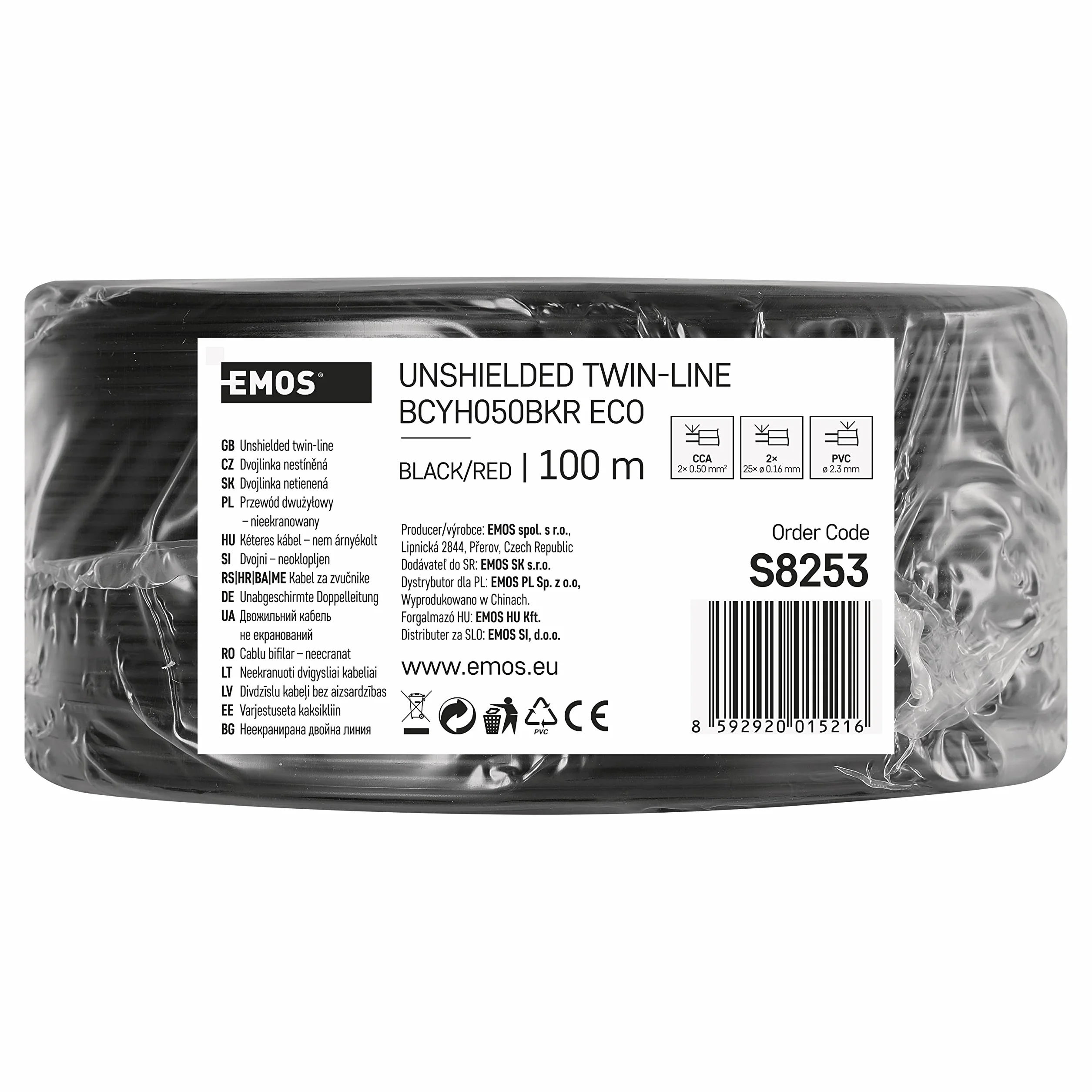 EMOS Cable de cobre 2 x 0,5 mm², 100 metros de cable de doble cable de CCA de baja tensión, negro con marcado de polaridad