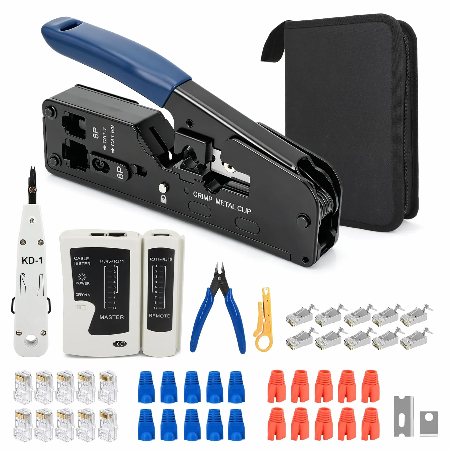 Kit Crimpadora RJ45 12 en 1 con Probador, para Cat5/Cat6/Cat7 | Crimpa, pela y corta en un solo paso, con probador hasta 200m. 20 conectores y fundas incluidas. Listo para usar con T568A/B.