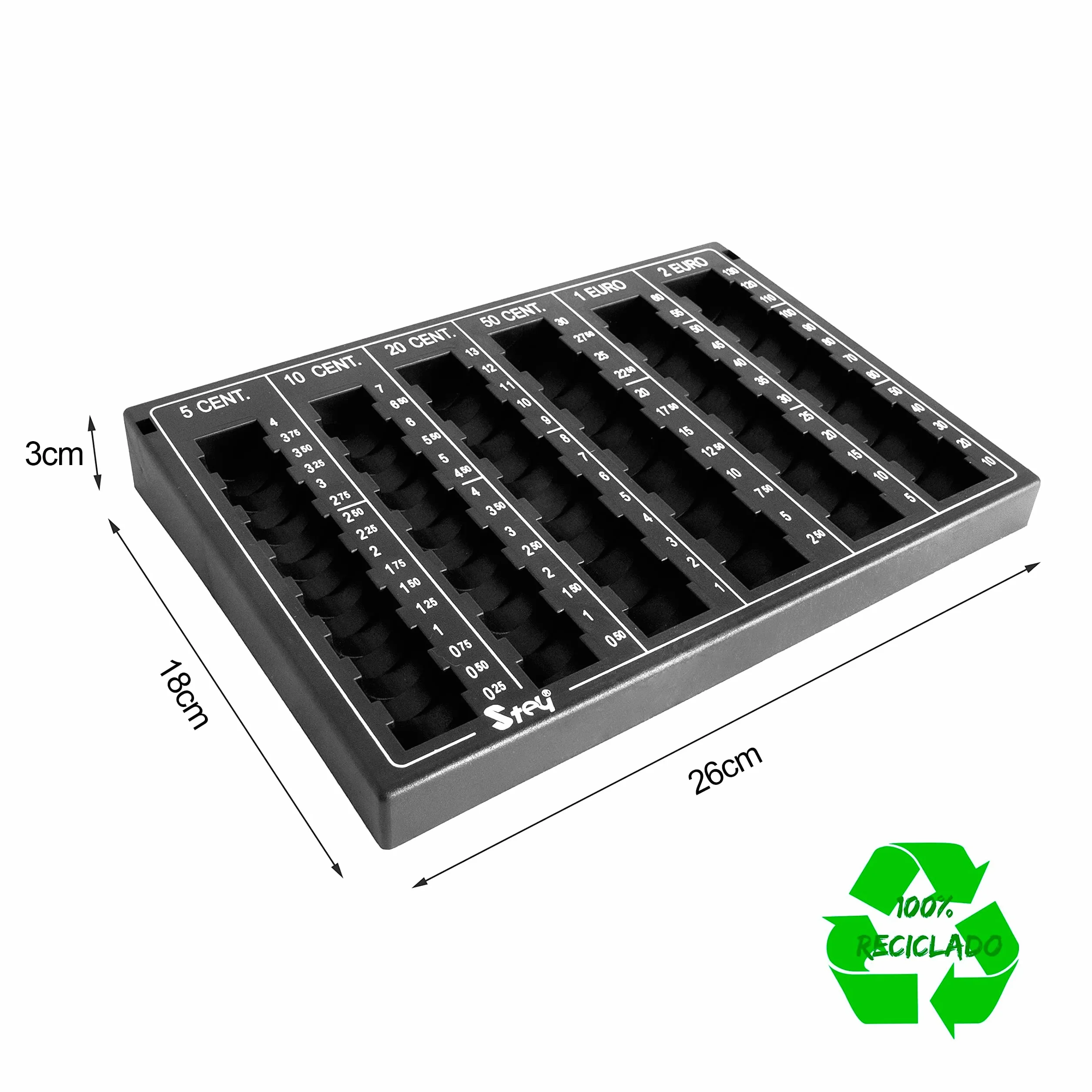 Clasificador de Monedas 26x18x3 cm Negro Plástico Reciclado Fabricado en España