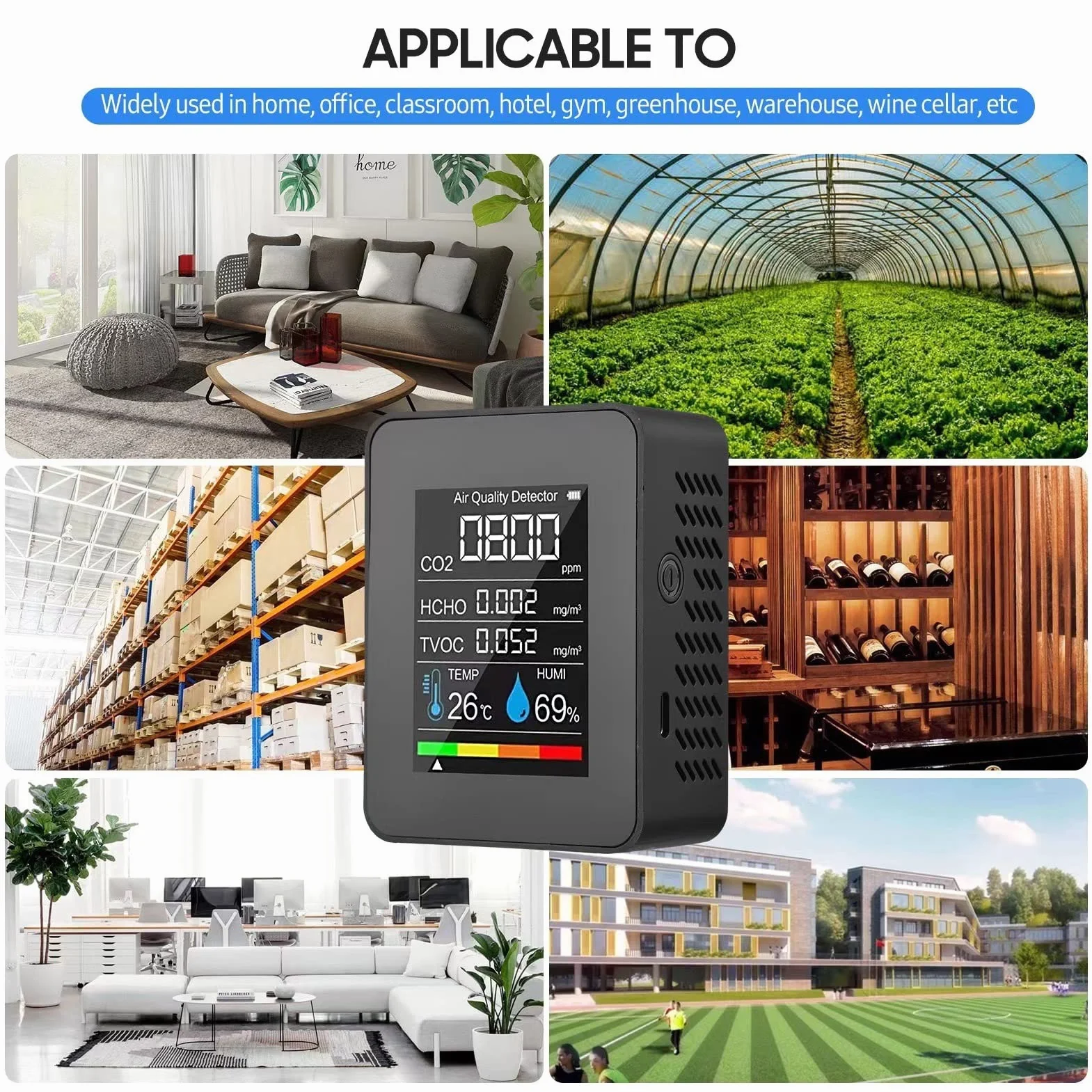 Monitor de Calidad del Aire CO2 Negro LCD TVOC HCHO Temperatura Humedad Medidor