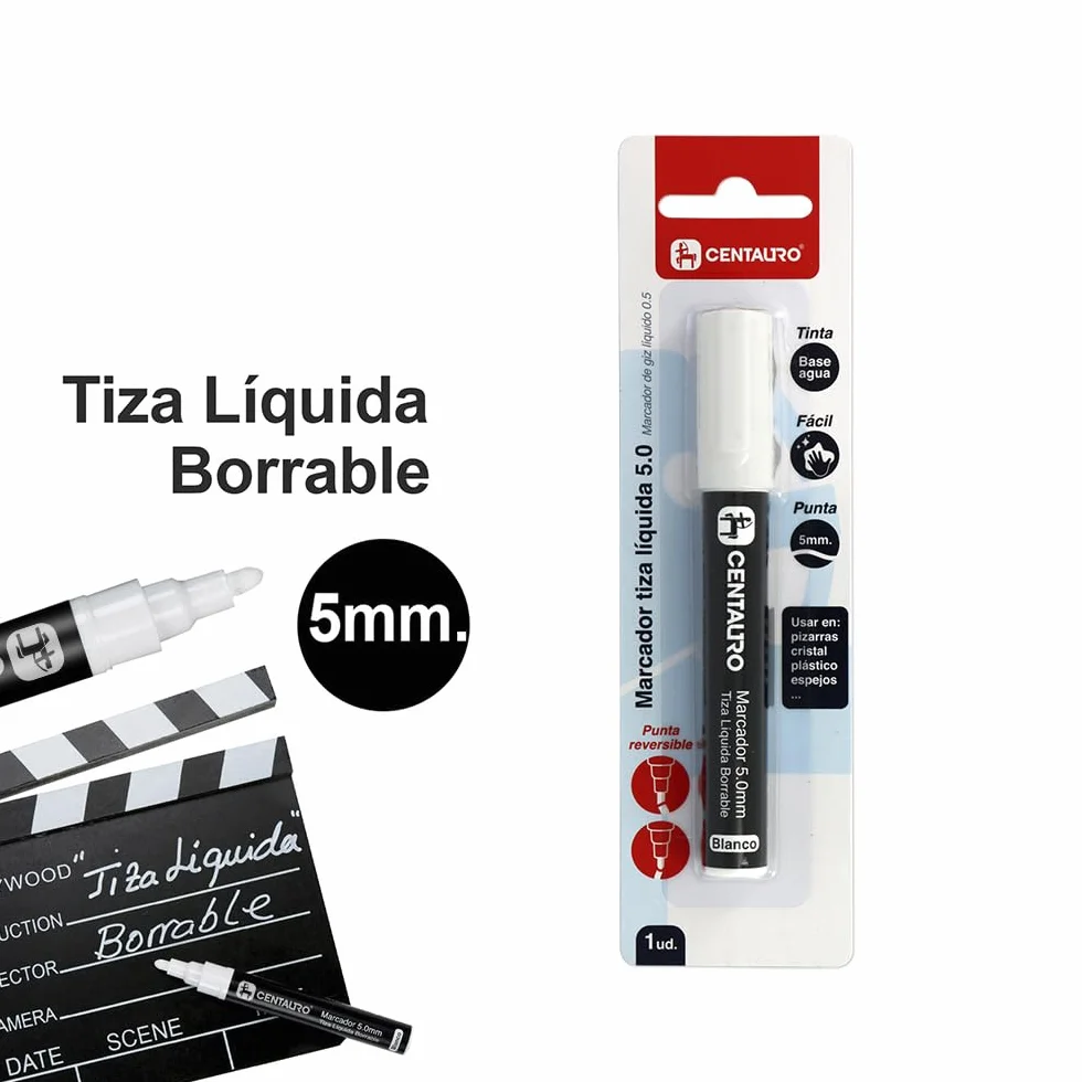 Centauro Rotulador Tiza Liquida Borrable Blanco Punta 5mm Tinta Base Agua Punta Reversible Cónica y Biselada