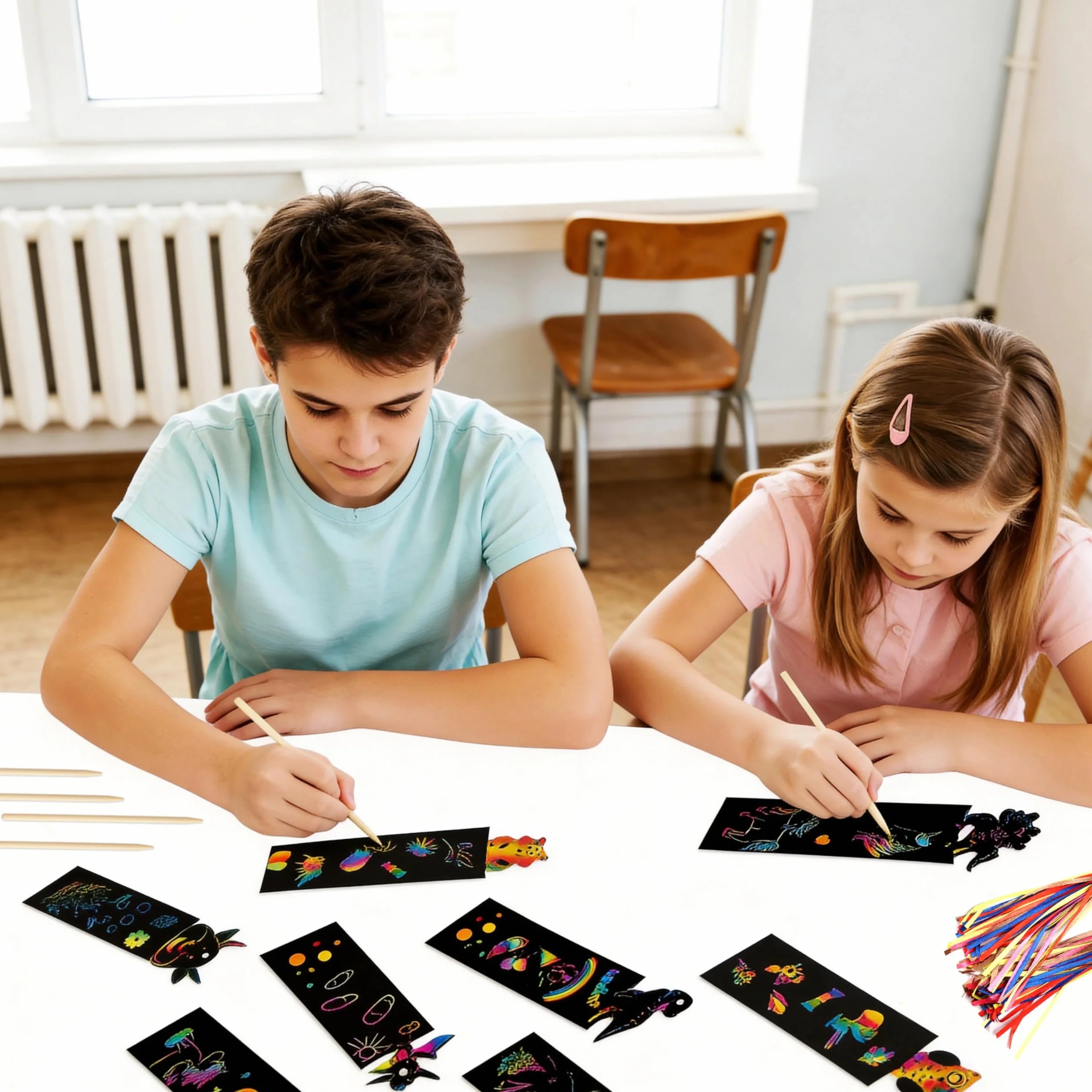 Marcadores de Libros Rainbow 48 Piezas para Rascar con Diseño Animales y Cintas de Raso