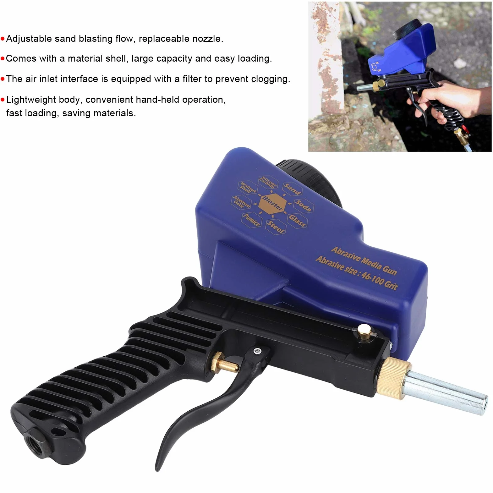 Fockety Pistola de Chorro de Arena, 150 PSI Multi Media Blaster para Compresor de Aire Herramienta Neumática Removedor de óxido de Pintura, Pistola de Chorro de Arena para Metal, Madera,