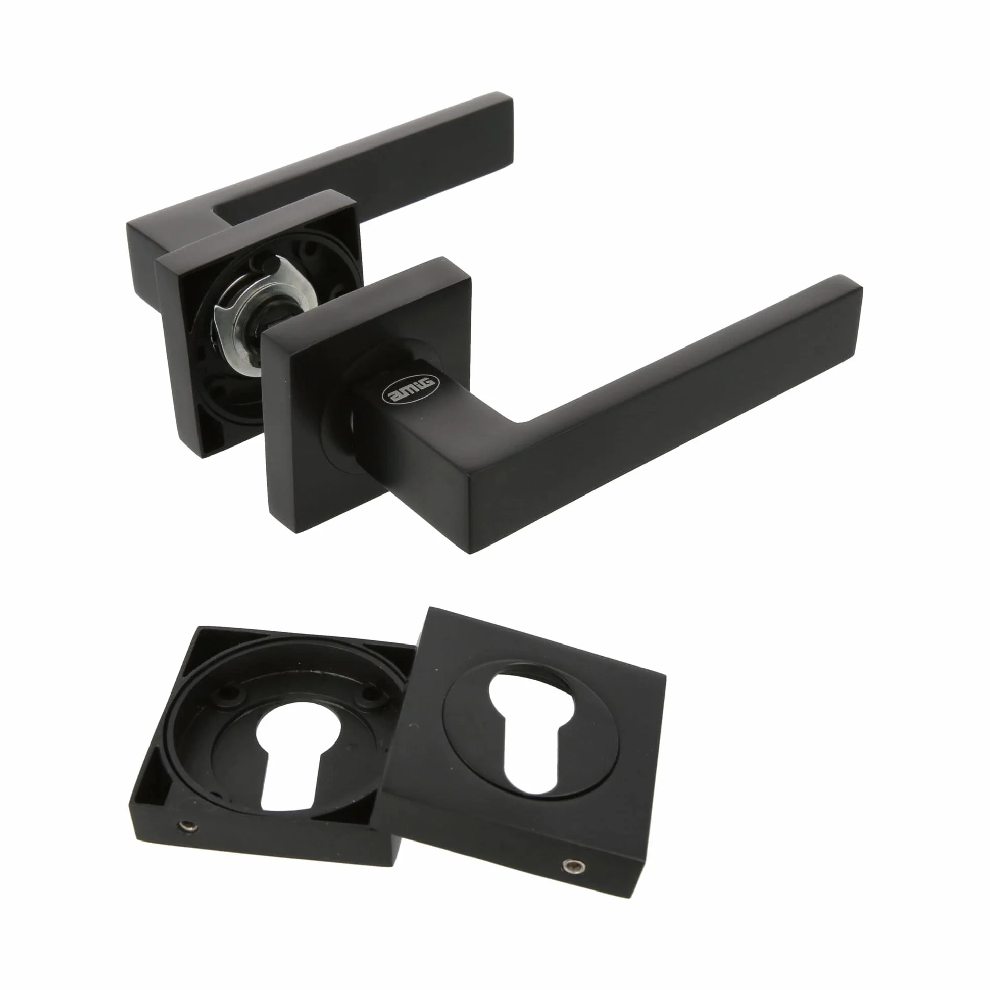 Amig - Juego de Manillas para Puertas - Mod. CADIZ - 52 x 124 mm - Con Bocallave - Diseño Elegante y Sencillo - Manija de Agarre Ergonómico - Zamak Negro Mate