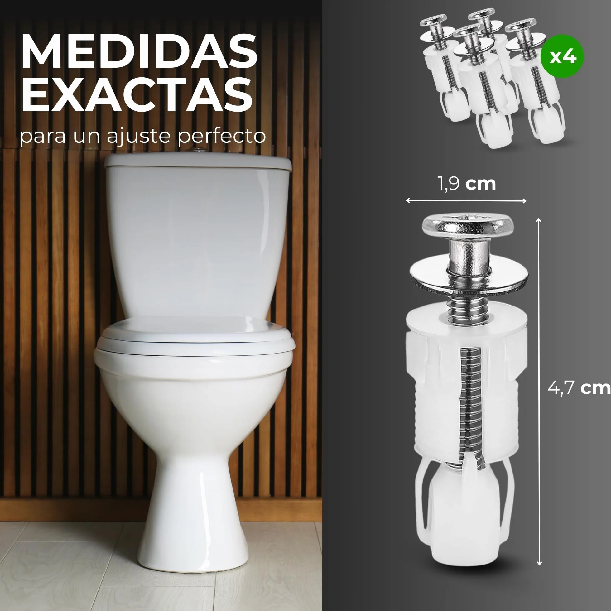 Pack de 4 Tornillos de Nailon para Asiento de Inodoro, Fijaciones Premium para una sujeción firme y duradera. Renueva las Bisagras de tu WC con confianza.