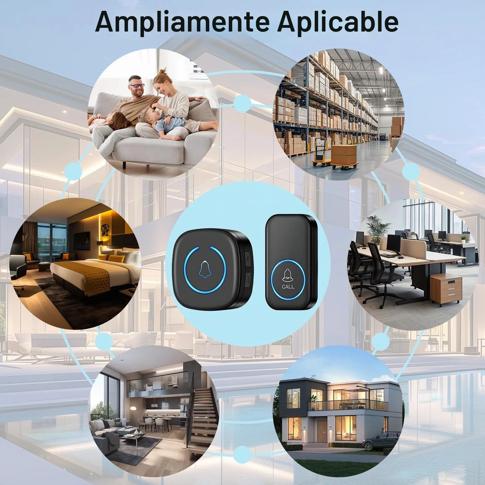 Timbre Inalámbrico Exterior Impermeable 60 Melodías 5 Niveles Volumen Kit Doorbell 1 Receptor 1 Botón LED 300m Alcance Negro