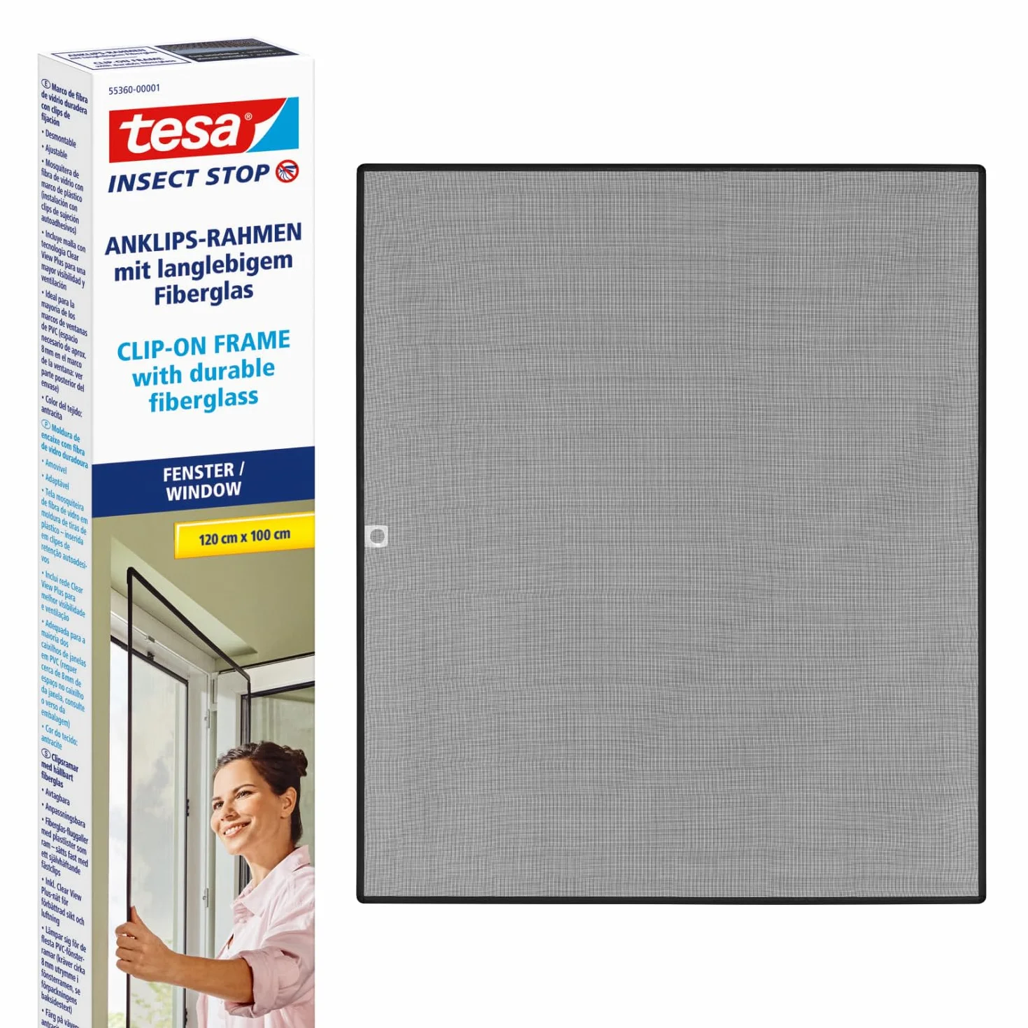 tesa INSECT STOP Clip-on Frame Fly Screen for Window - marco ajustable, malla de fibra de vidrio, clips adhesivos, antracita - 100 x 120 cm