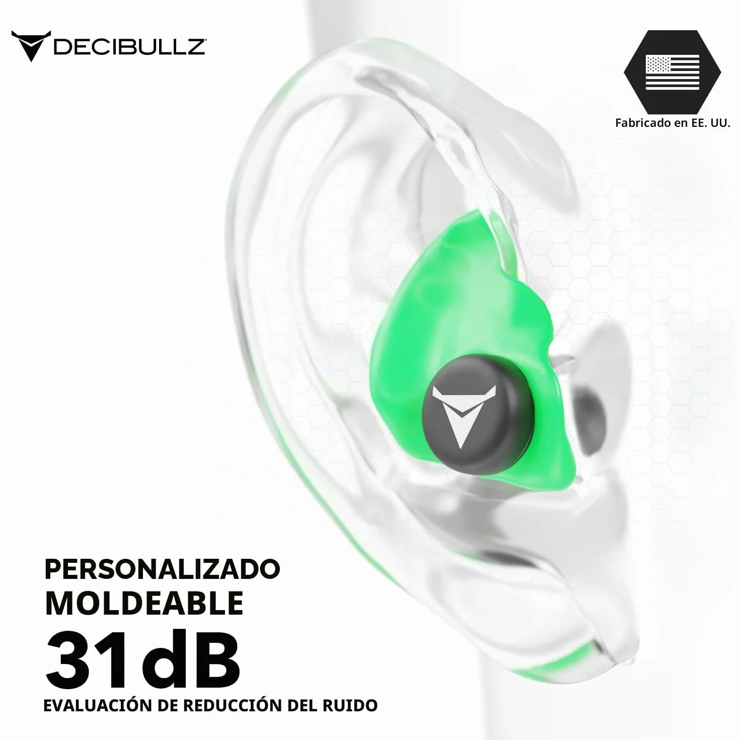 Decibullz Tapones para los oídos moldeados a medida 31 dB protección auditiva para disparos conciertos (verde)