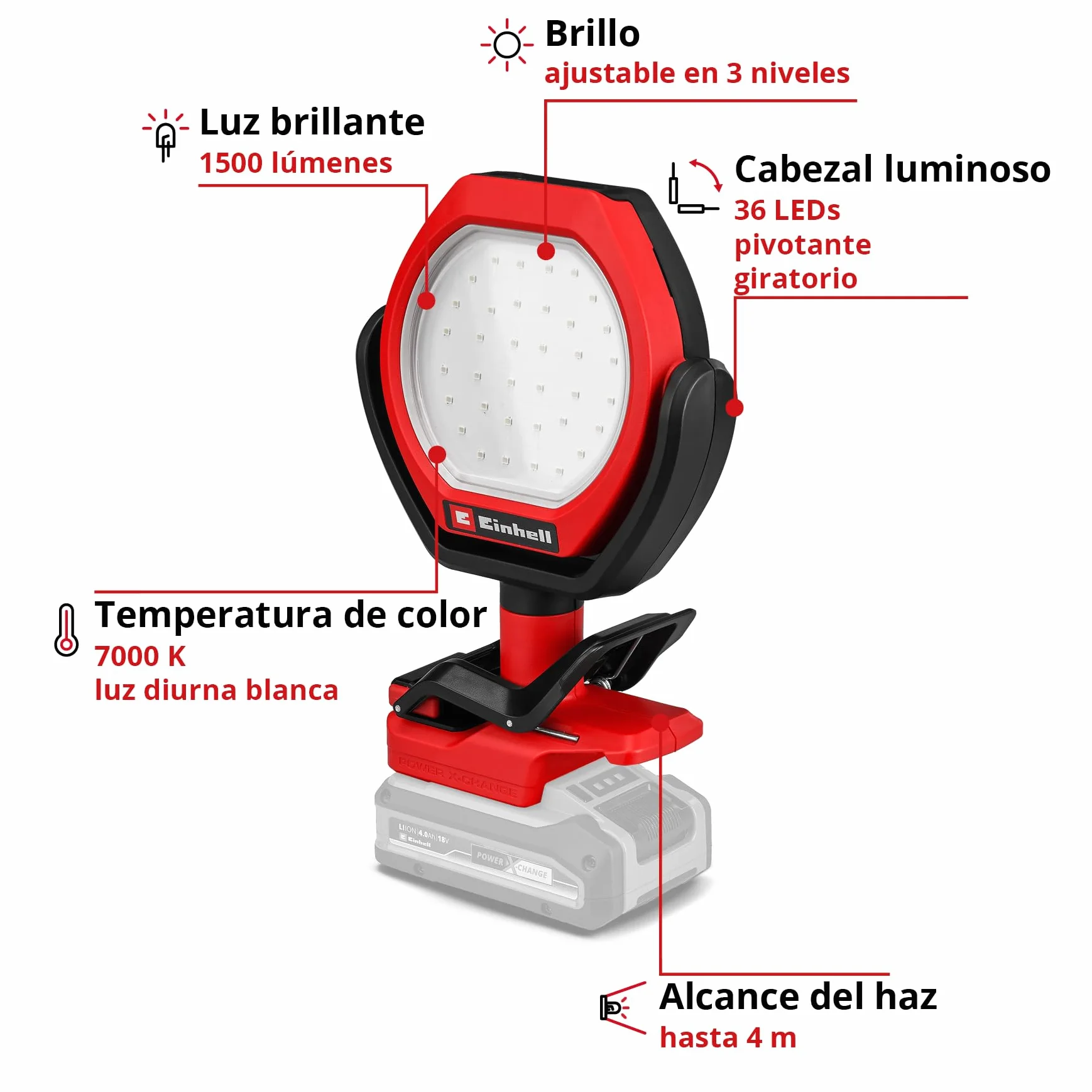 Lámpara de exterior con batería GC-OL 18/1500 Li-Solo Power X-Change de Einhell (18 V, 1500 lm, 7000 K, alcance de 4 m, cabezal pivotante y giratorio, 3 niveles de brillo, sin batería)