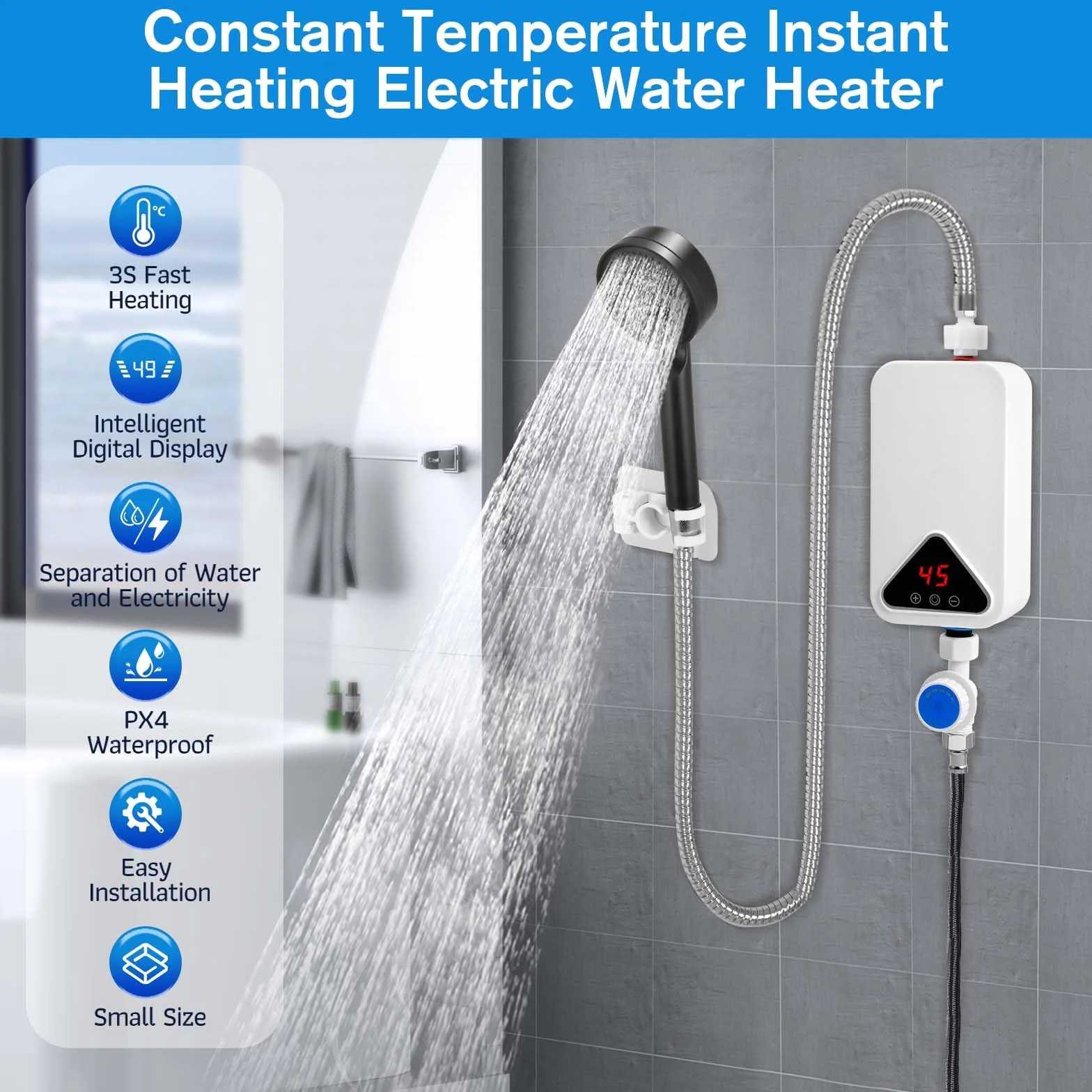 Calentador De Agua Eléctrico, Mini Calentador de Agua 220 V 5500 W, 30-55 °C, Temperatura Ajustable, Ducha de Calentador Instantáneo sin Tanque con Pantalla LED para Cocina y Baño (RYK-009)