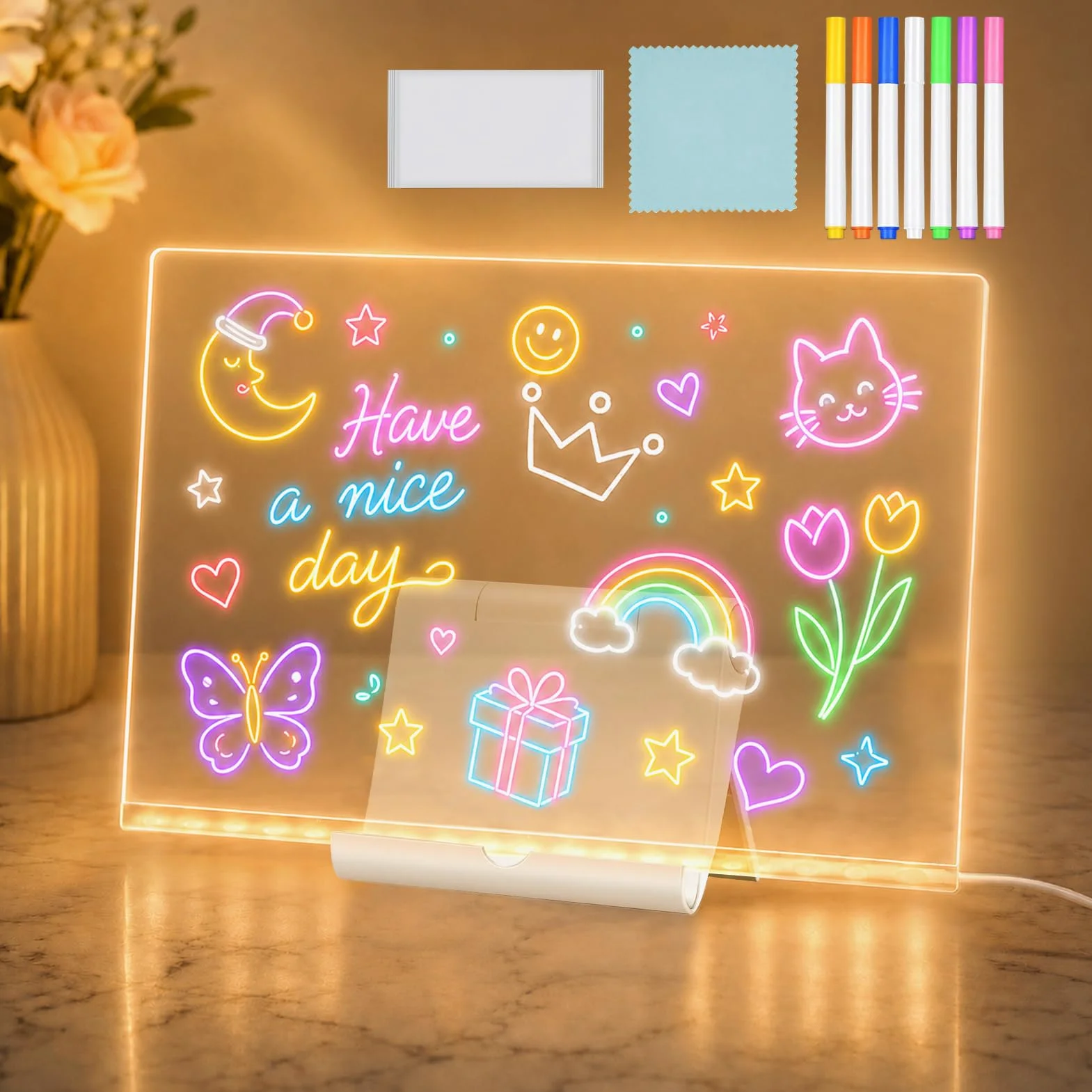 Tablero Acrílico Luminoso LED Mensaje 20x30 cm 7 Colores Bolígrafo Soporte Ajustable