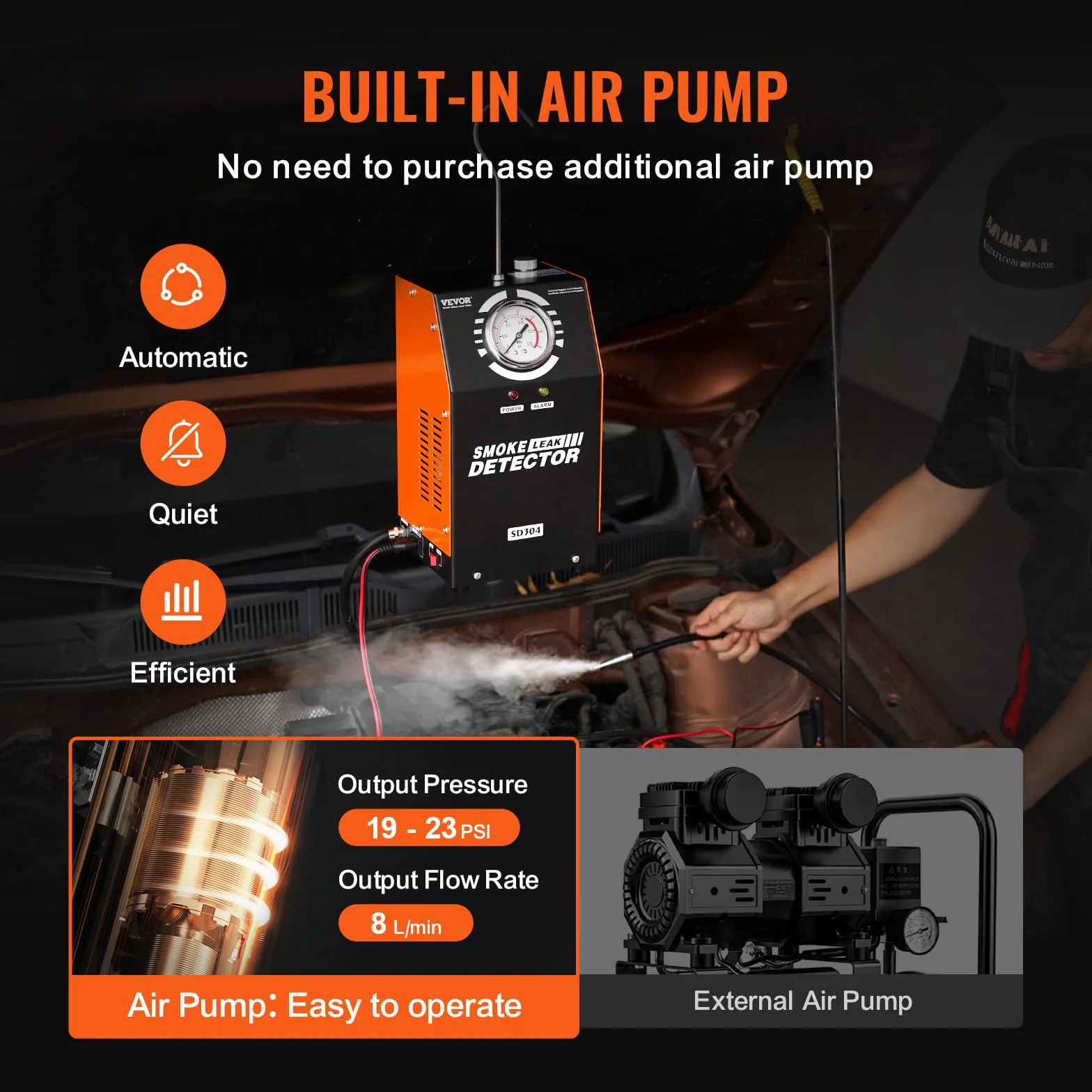 VEVOR Máquina Detectora de Fugas de Humo 8 L/min, Modo Aire, Detector Automóvil -20°C a 75°C 154x173x290 mm 19-23 PSI