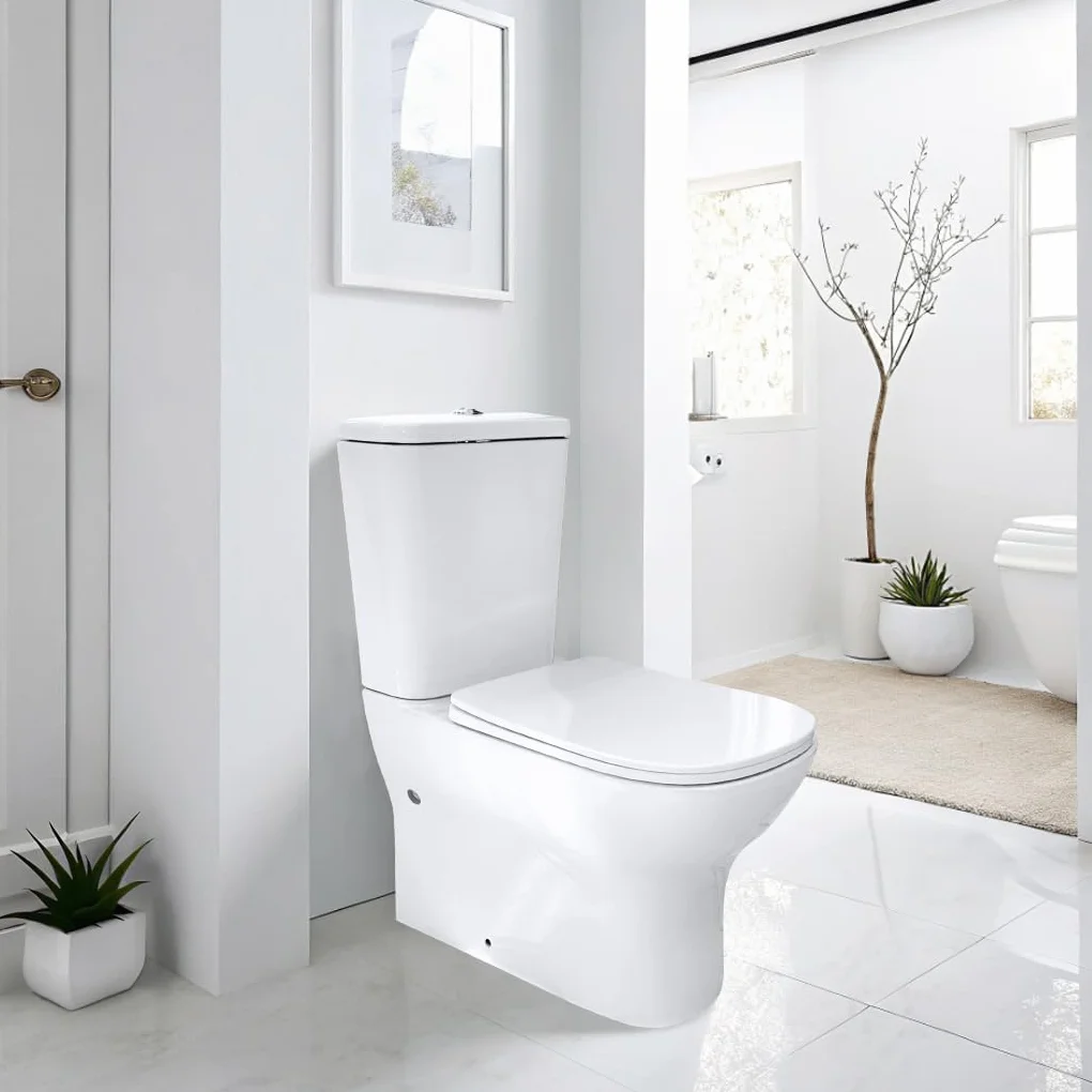 Inodoro Completo, PRAGA Adosado a pared completo con Taza Rimless | Incluye Cisterna con Mecanismo ECO y Tapa Amortiguada de UF