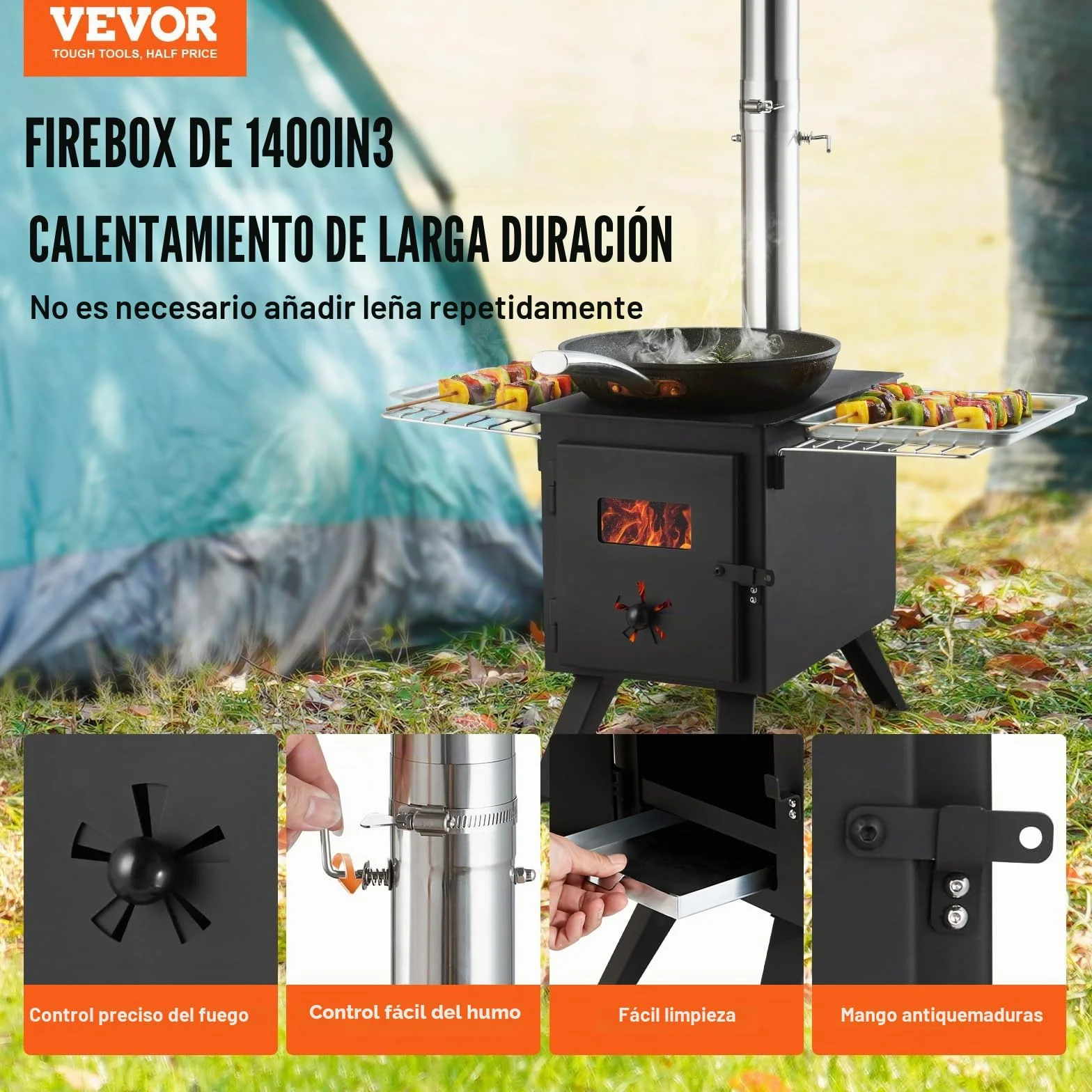 VEVOR Estufa de Leña Portátil para Tienda de Campaña Acero Aleación 8 Tubos Chimenea Guantes 394 x 608 x 425 mm