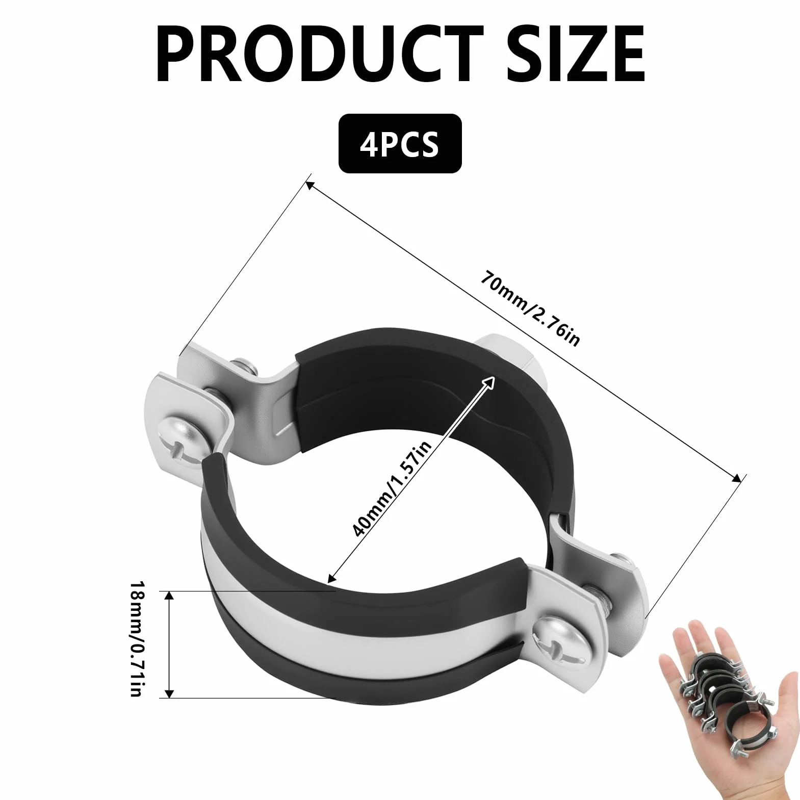 Clip de tubería, con inserciones de goma, con un diámetro ajustable de 40 - 43 mm / 1 1 / 4 ", muy adecuado para proyectos de instalación y decoración de tuberías, con 4 soportes metálicos disponibles