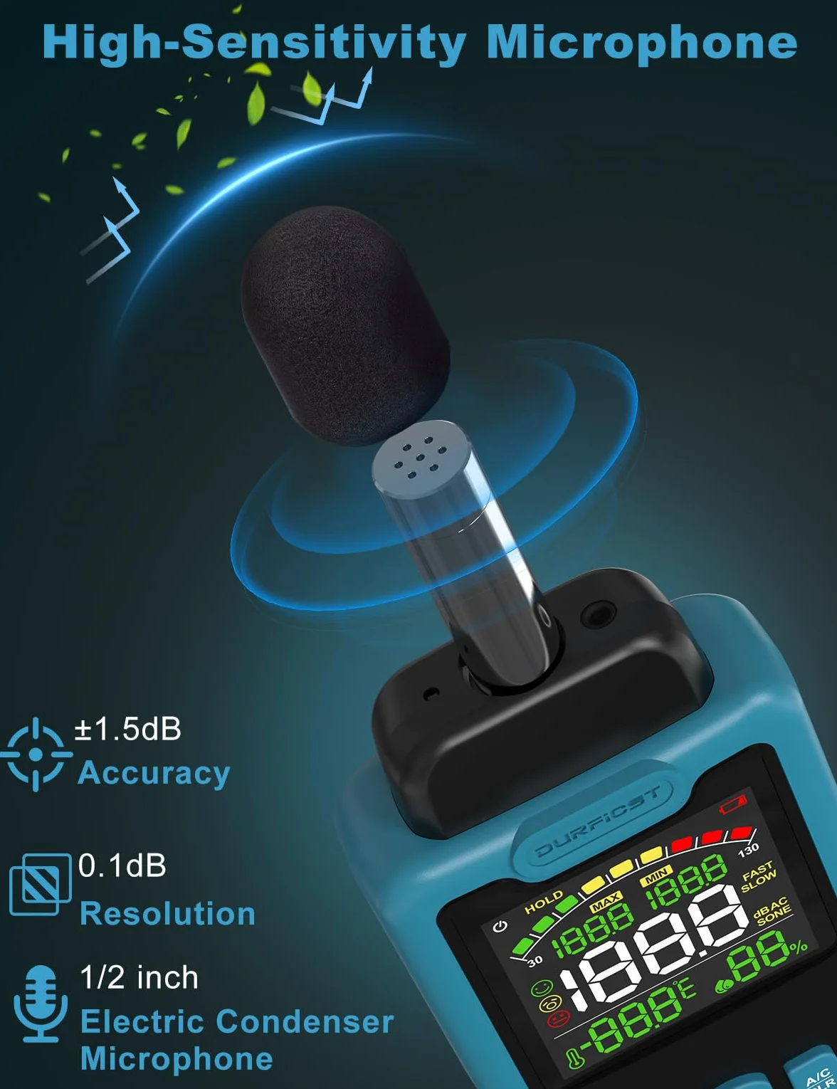 Sonometro, DURFICST Medidor de Decibelios con Temperatura y Humedad, Rango de 30-130 dB, Decibelimetro con Pantalla LCD a Color, Ponderación A/C, Unidad dB/SON, Respuesta RÁPIDA/LENTA, para Doméstico