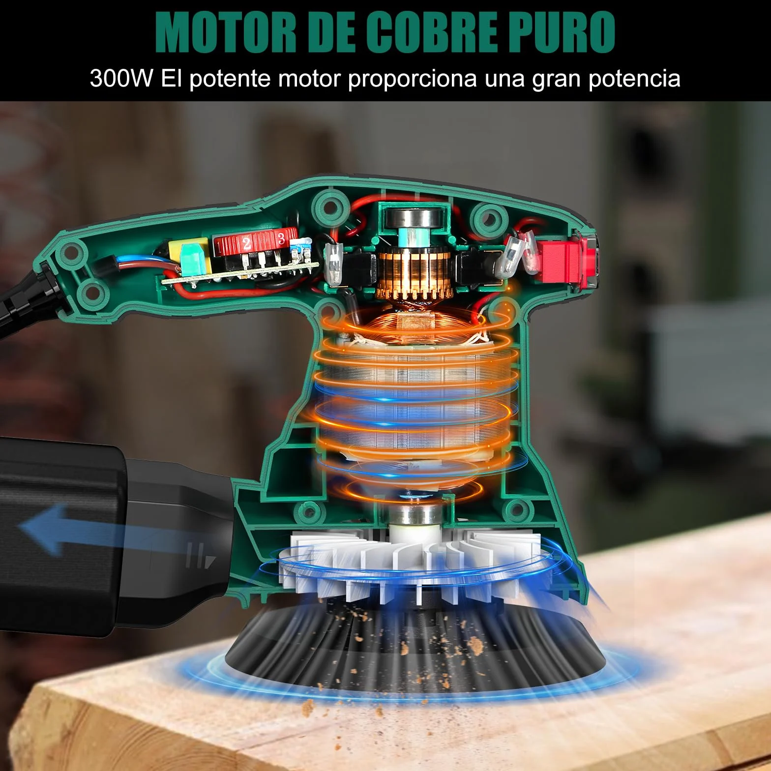 HYCHIKA Lijadora Orbital 300W, Lijadora Rotorbital con Motor de Cobre Puro, 6 Velocidad, 13000RPM, 12PCS Lija de 125mm (240/120/80 Grano), con Bolsillo Lavable de Recogida, para Lijar Madera y Metal