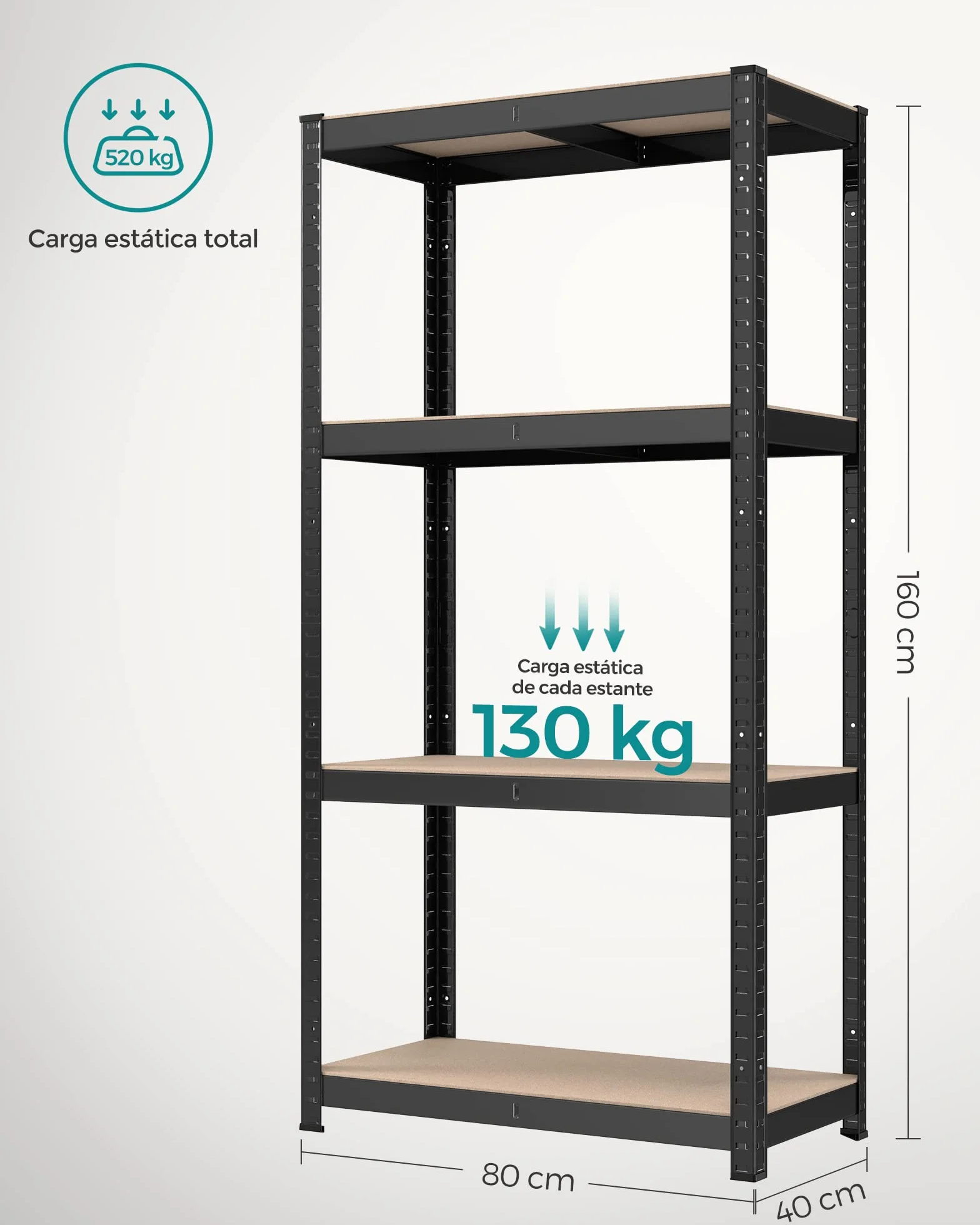 SONGMICS Estantería Pesada de Acero 520 kg 40x80x160 cm Negro 2 Piezas