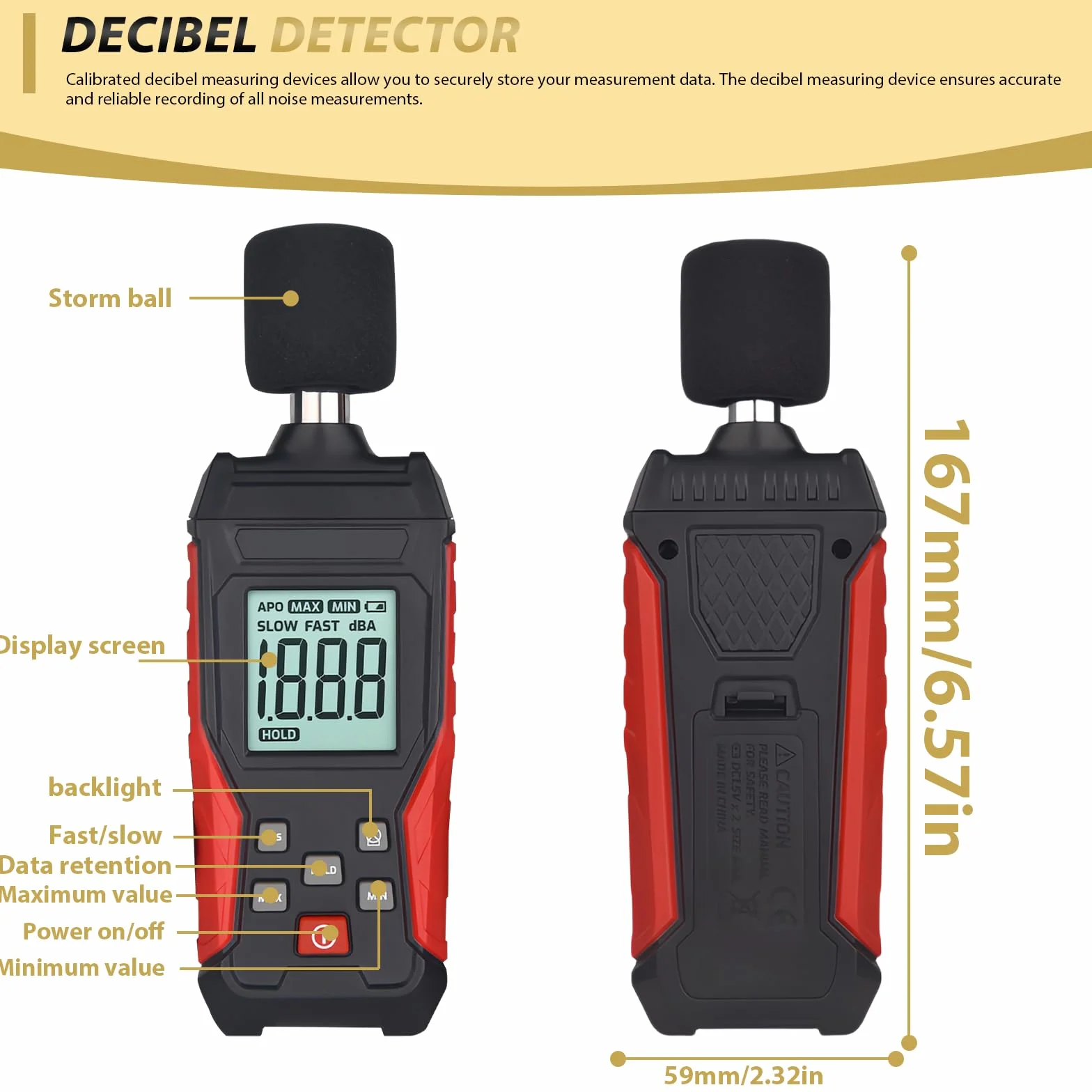 Medidor de decibelios profesional con almacenamiento de datos | Medidor de nivel de sonido digital portátil | Medidor de nivel de sonido 30 – 130 dB (A/C) para casa, obra, oficina | Iluminación LCD