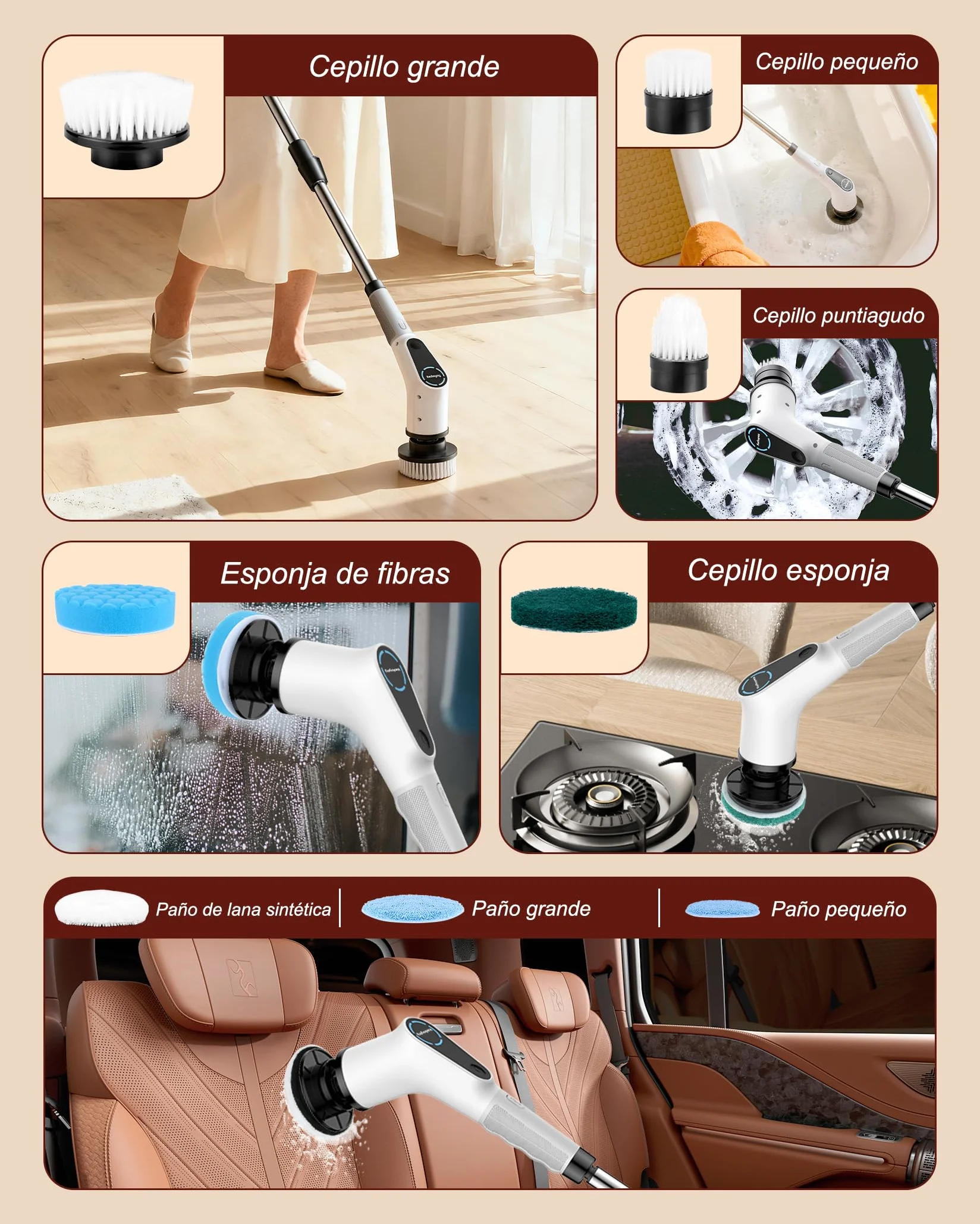 Cepillo Electrico Limpieza Hogar, Electric Cleaning Brush con 8 Cabezales Reemplazables, Electric Spin Scrubber con Mango Extensible, 2 Velocidades Ajustables, Para bañera, Lechada y Suelo de Baldosas