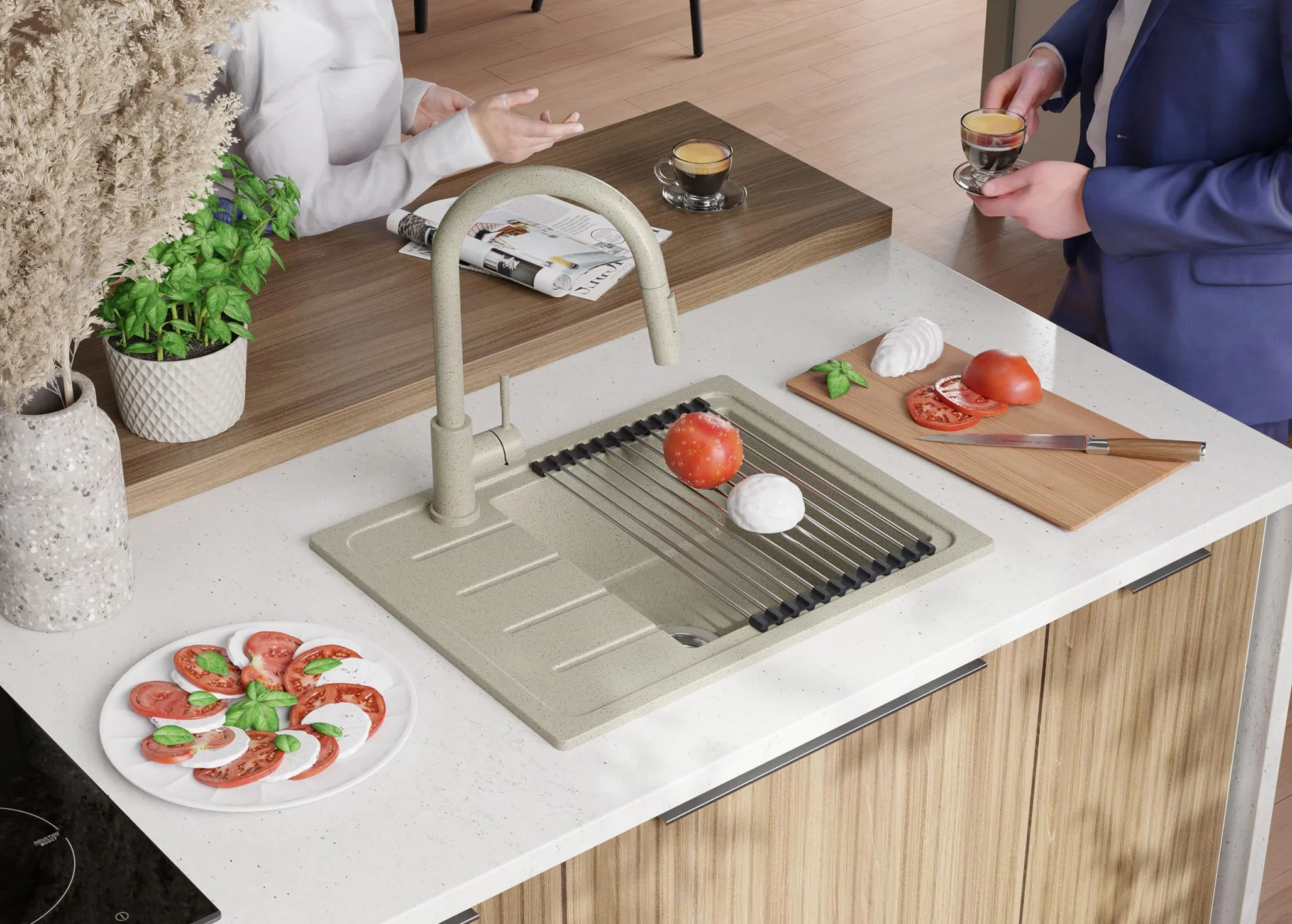 PRIMAGRAN Fregadero Cocina Beige - Copenhague Easy, 55x44cm | Granito 1 Seno + Sifón, sobre Encimera al Mueble 45cm (S006)