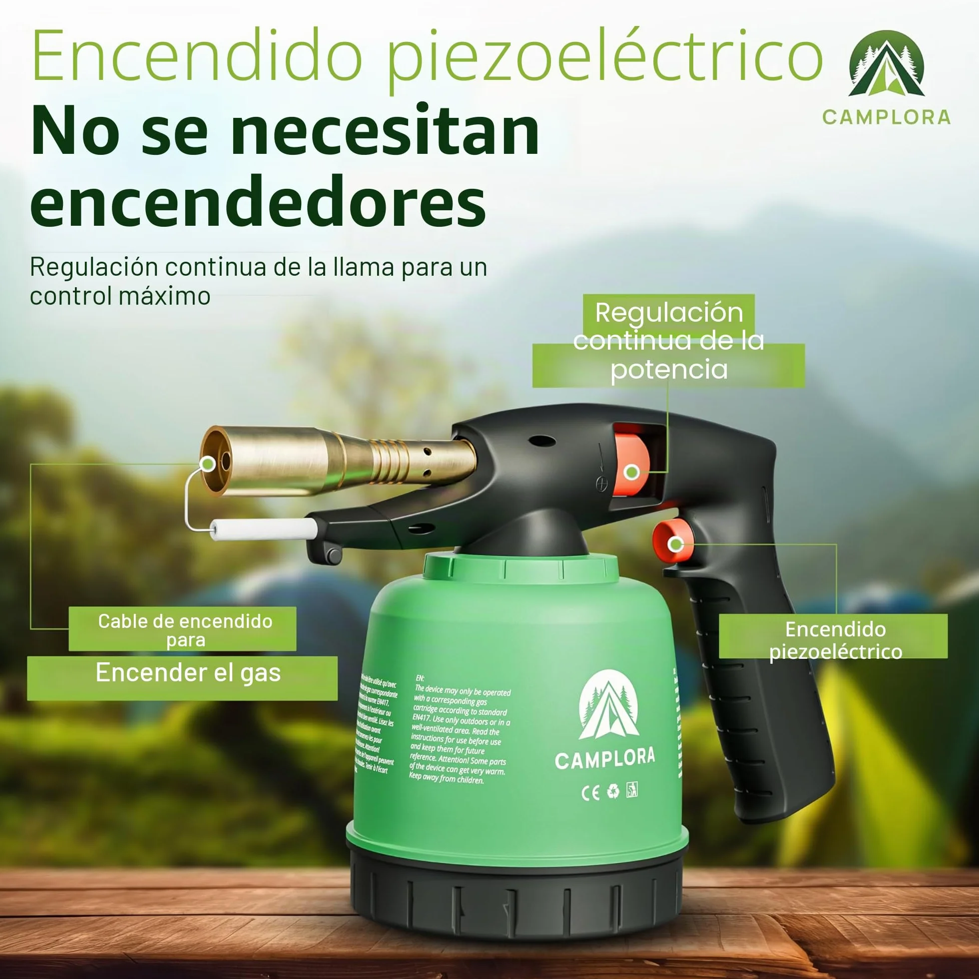 CAMPLORA Soplete Con Encendido Piezoeléctrico y 10 Cartuchos de 190g, Quemador de Gas Para Taller, Soldador Bunsenbrenner