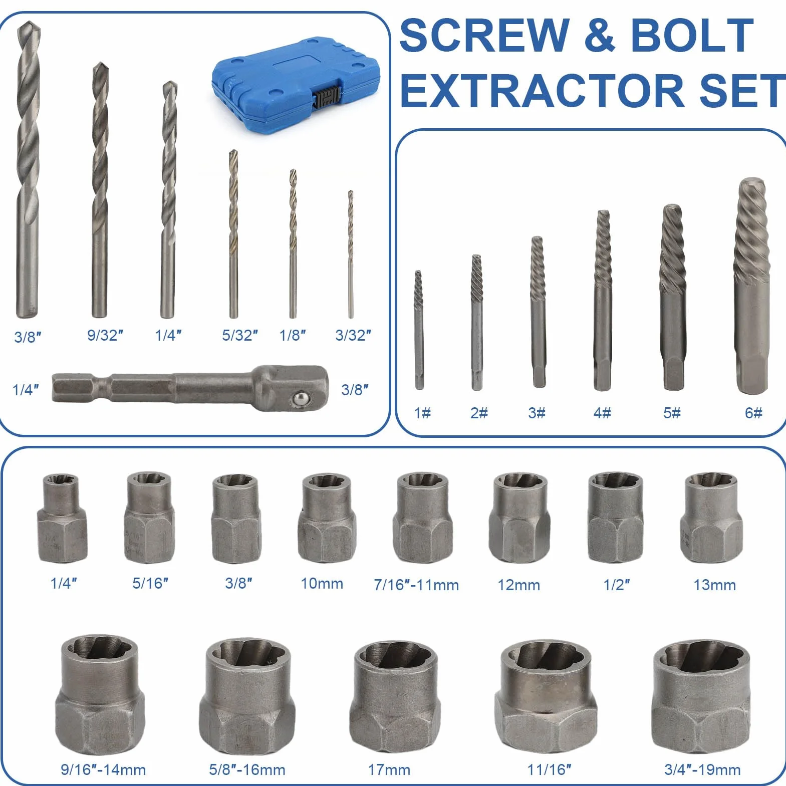 Juego de Extractores de Tornillos Rotos 26 pcs,3/8"-1/4" Inserto Adapter | Roscados Alta Dureza,Extractor de Pernos Rotos Multifuncional para Eliminar Pernos, Tuercas