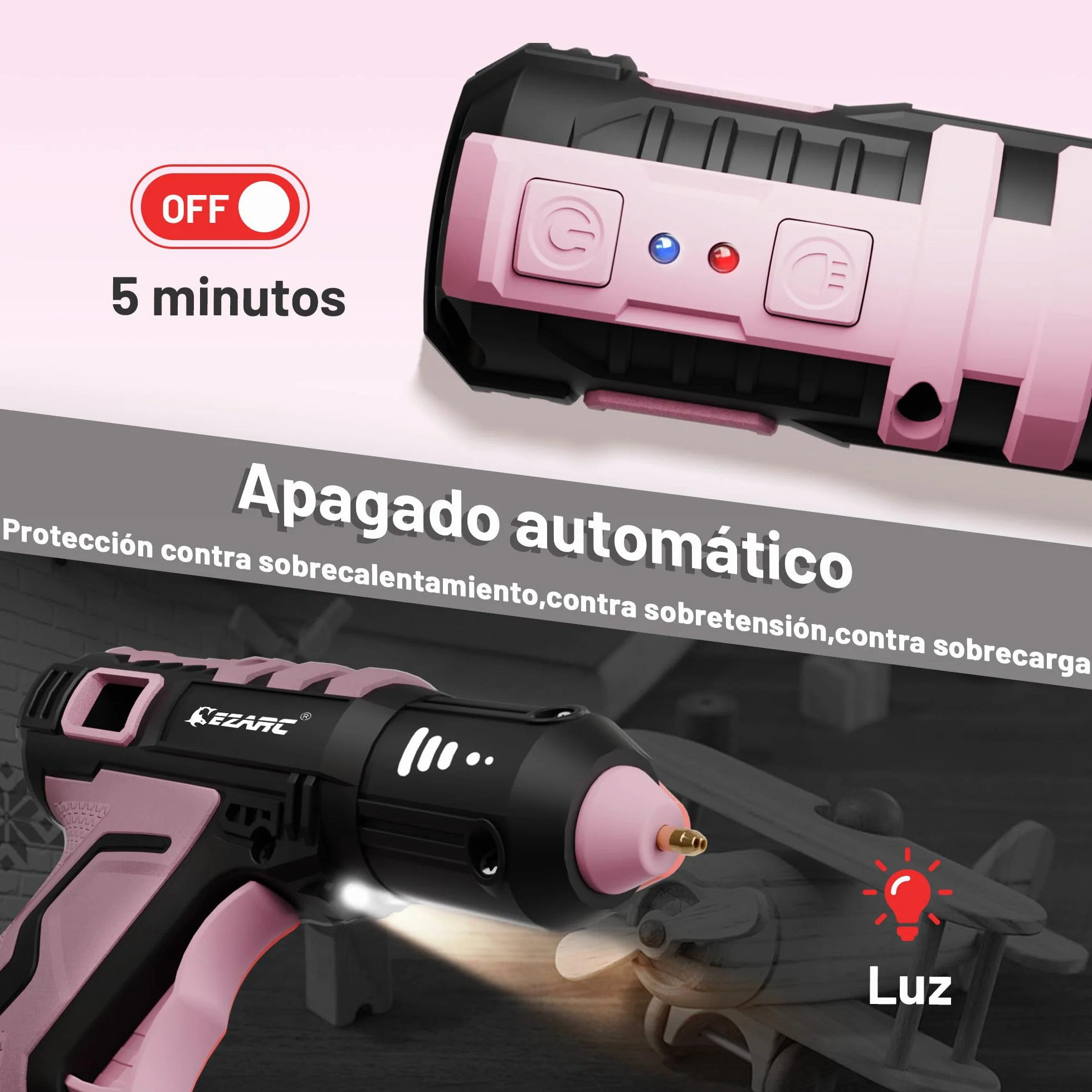EZARC Pistola de Pegamento Caliente Inalámbrica, Calentamiento Rápido en 15s, 12V Pistola de Pegamento Mini para DIY, Reparaciones Caseras, Proyectos Escolares, Decoraciones, con 50 Barras Mini, Rosa