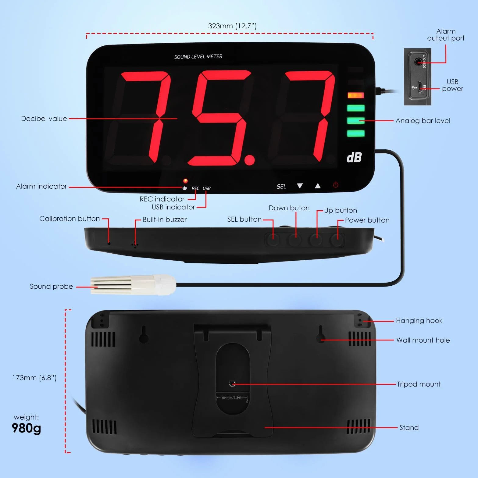 Medidor de Nivel de Sonido Digital 30-130 dB, Medidor de Decibelios con Pantalla HD de 13 Pulgadas Montado en la Pared