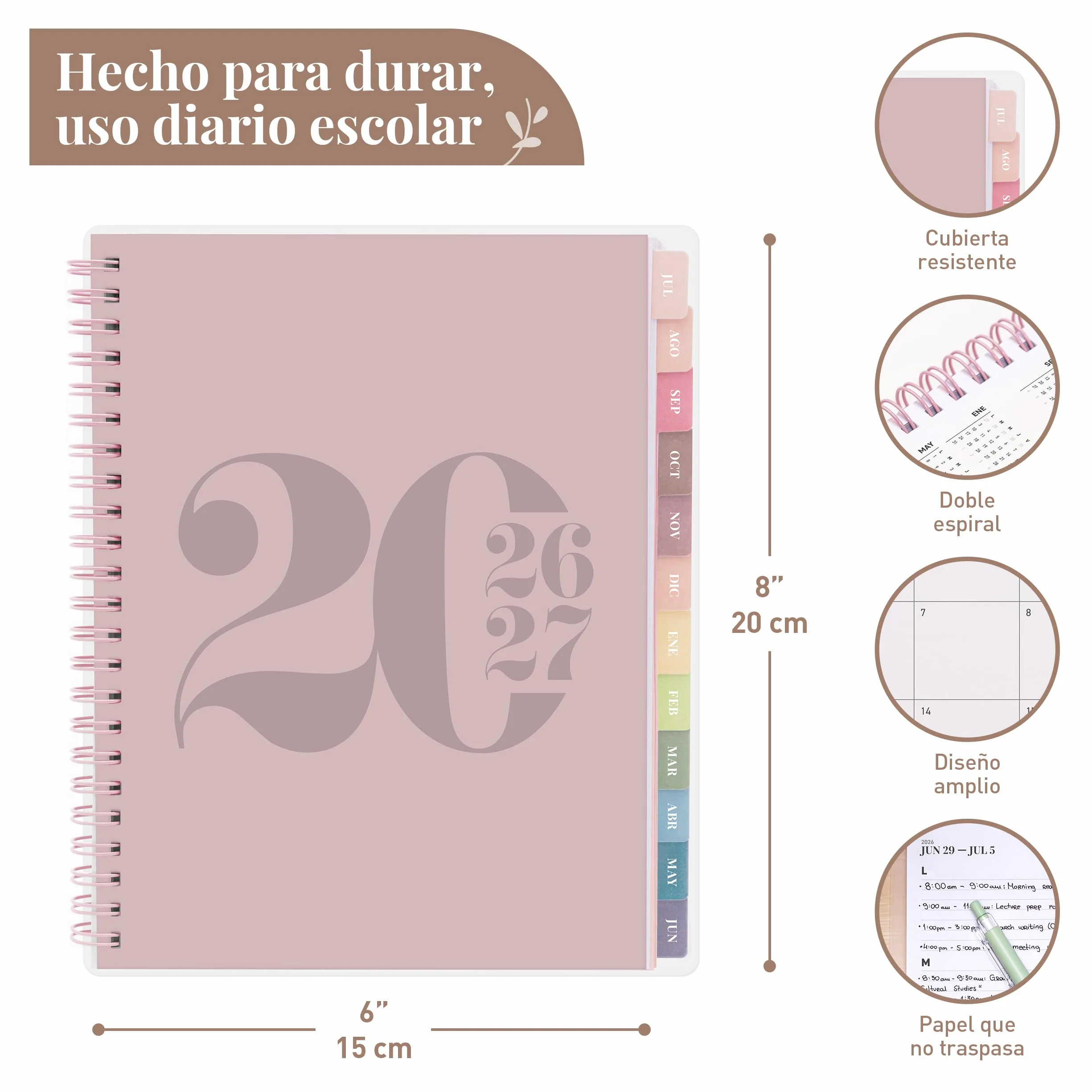 Agenda Escolar 2026–2027 Rileys, Planificador Diario Académica con Anillas, 20 × 15 cm Rosa Tipográfico