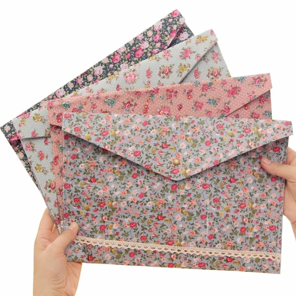 sobre de Archivo de tamaño A4, Carpeta de Archivos Floral Retro, Carpeta de Bolsa de Documentos de Tela con Cierre de botón a presión para Oficina Escolar