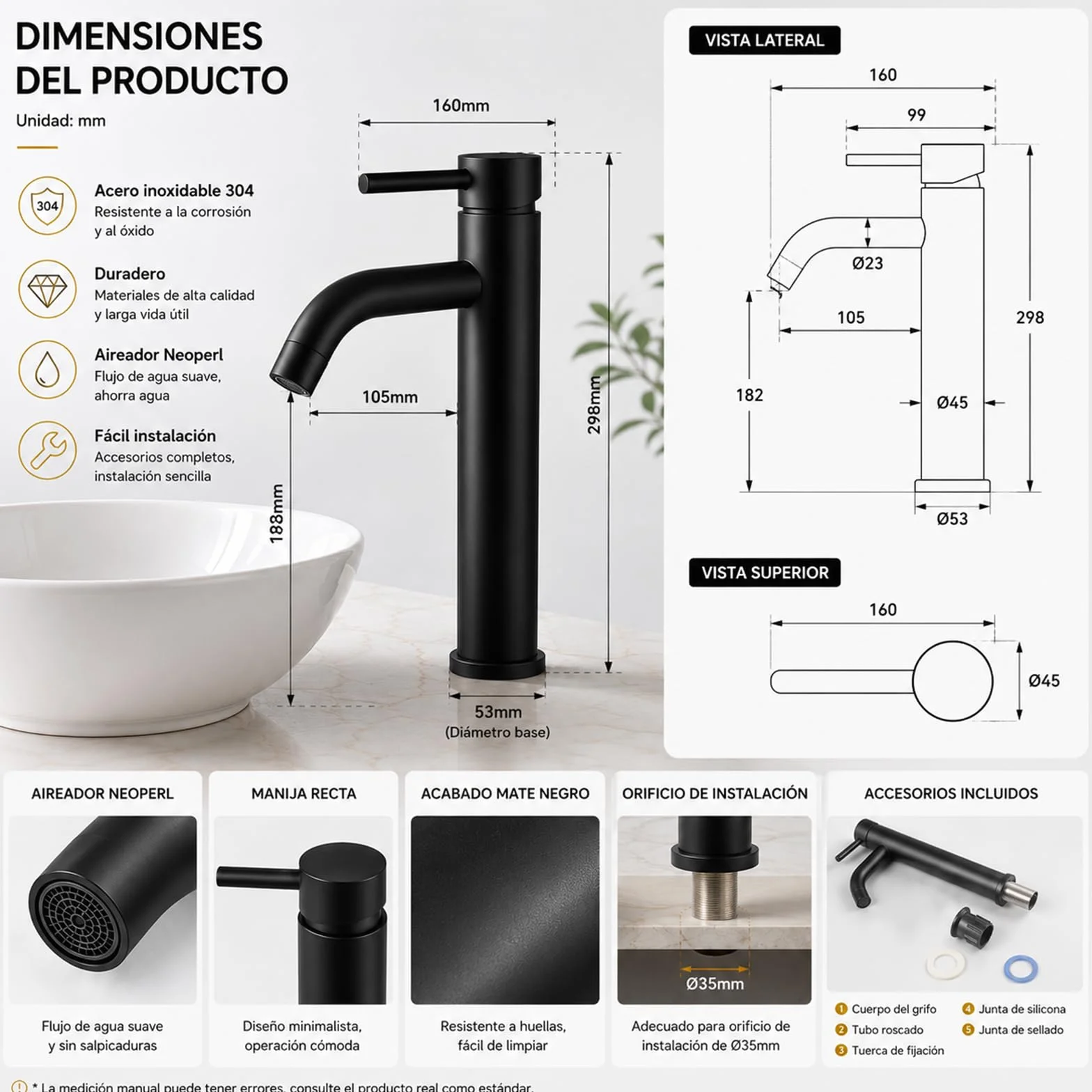 Grifo de Lavabo Alto Monomando para Baño, Acero Inoxidable, Acabado Negro Premium Resistente al Desgaste, Diseño Moderno y Minimalista(ALTO NEGRO)